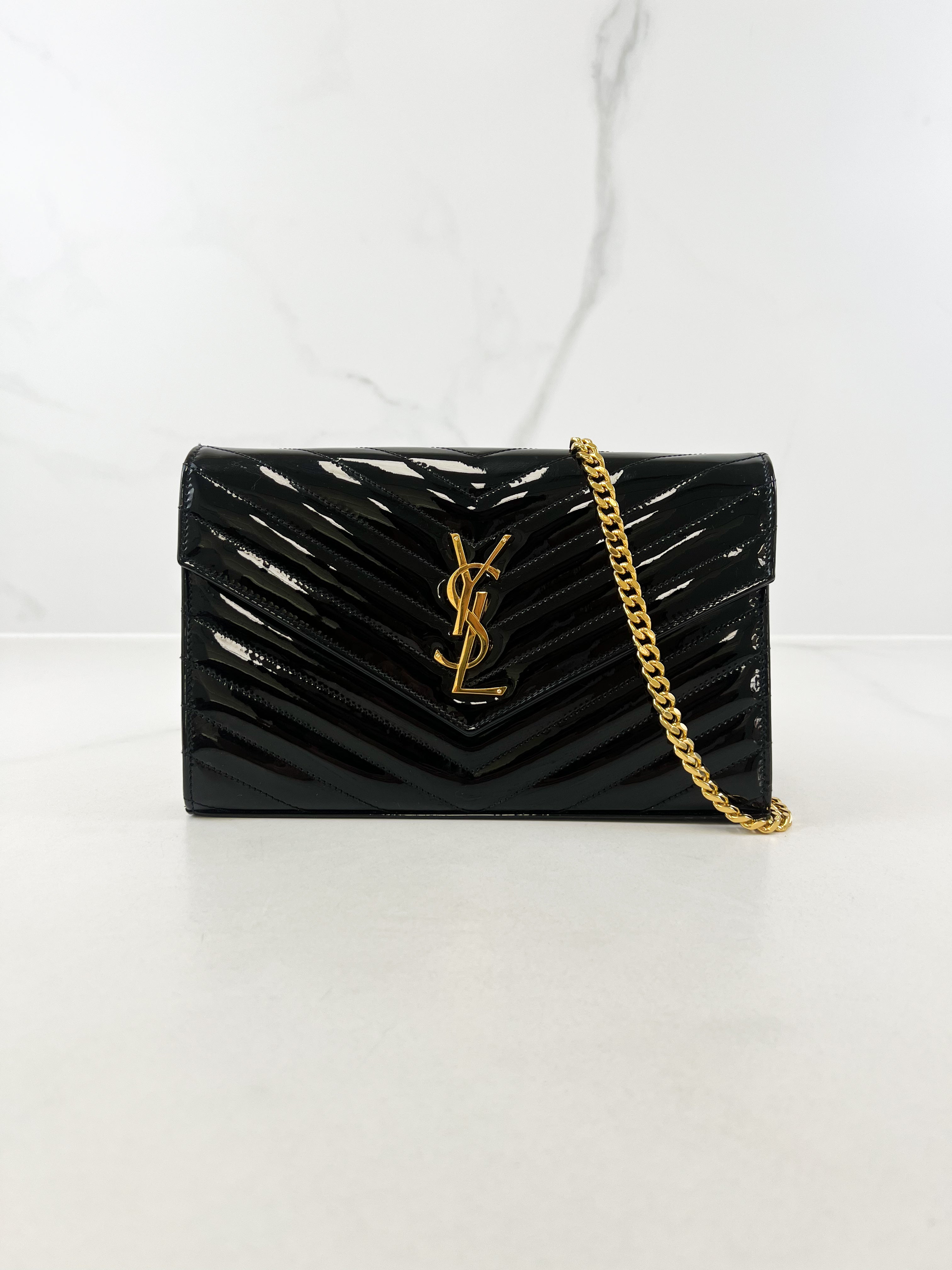 Saint Laurent Patent Black Cassandre Chain WOC with GHW