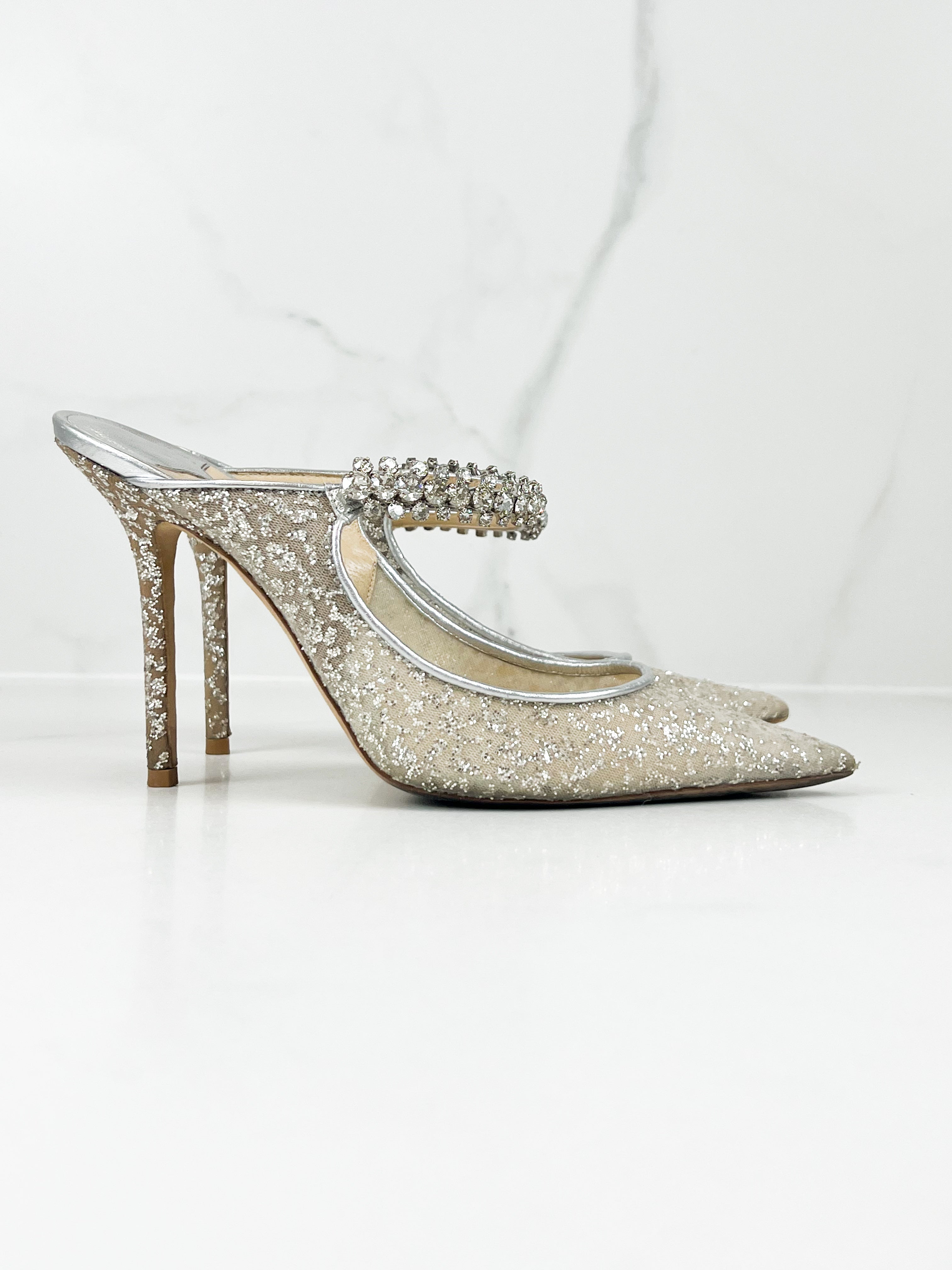 Jimmy Choo Bing Silver Glitter Fabric Mule Size 39