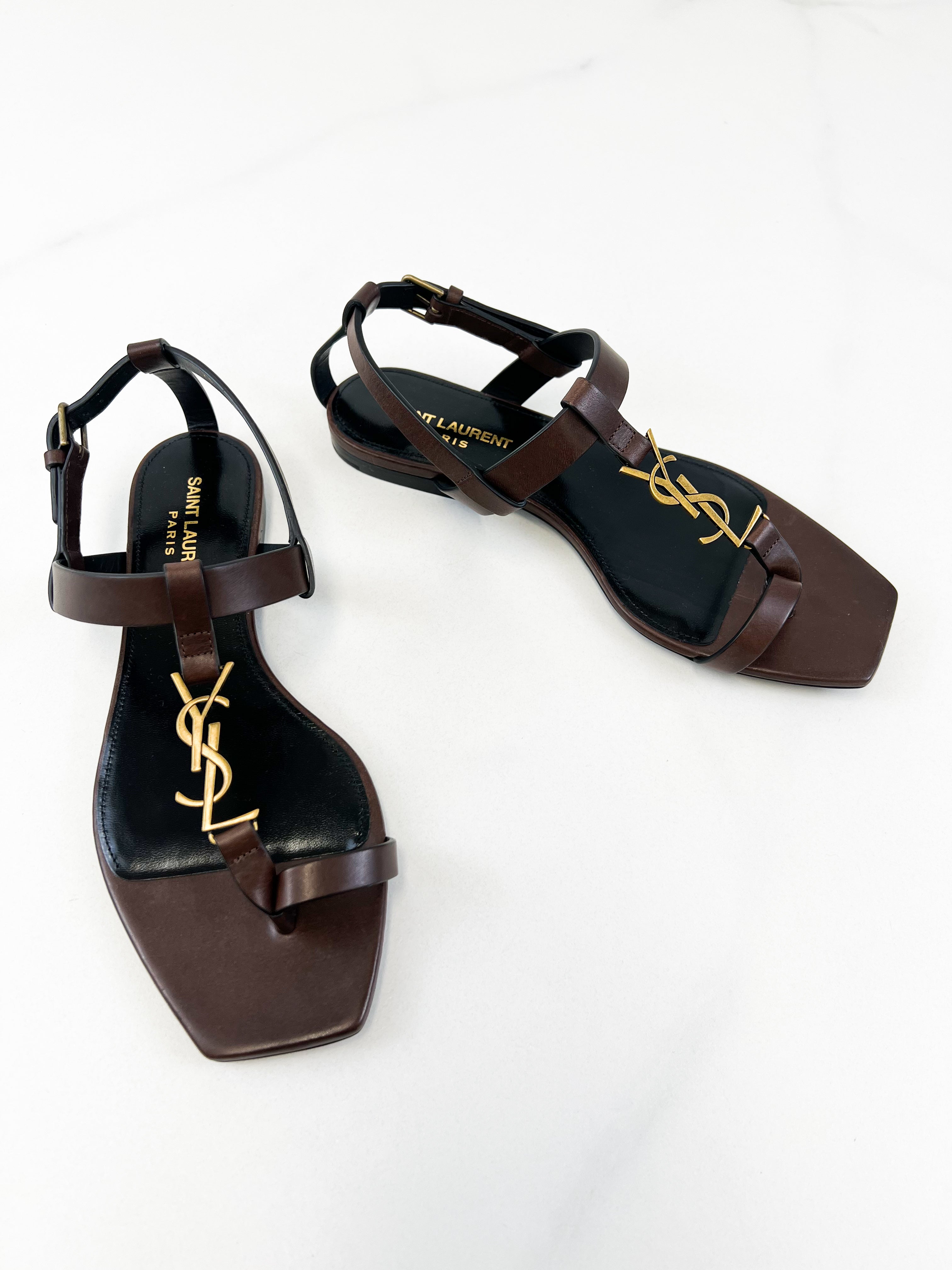 Saint Laurent Cassandra Flat Sandal in Chocolate Patent Leather 37.5