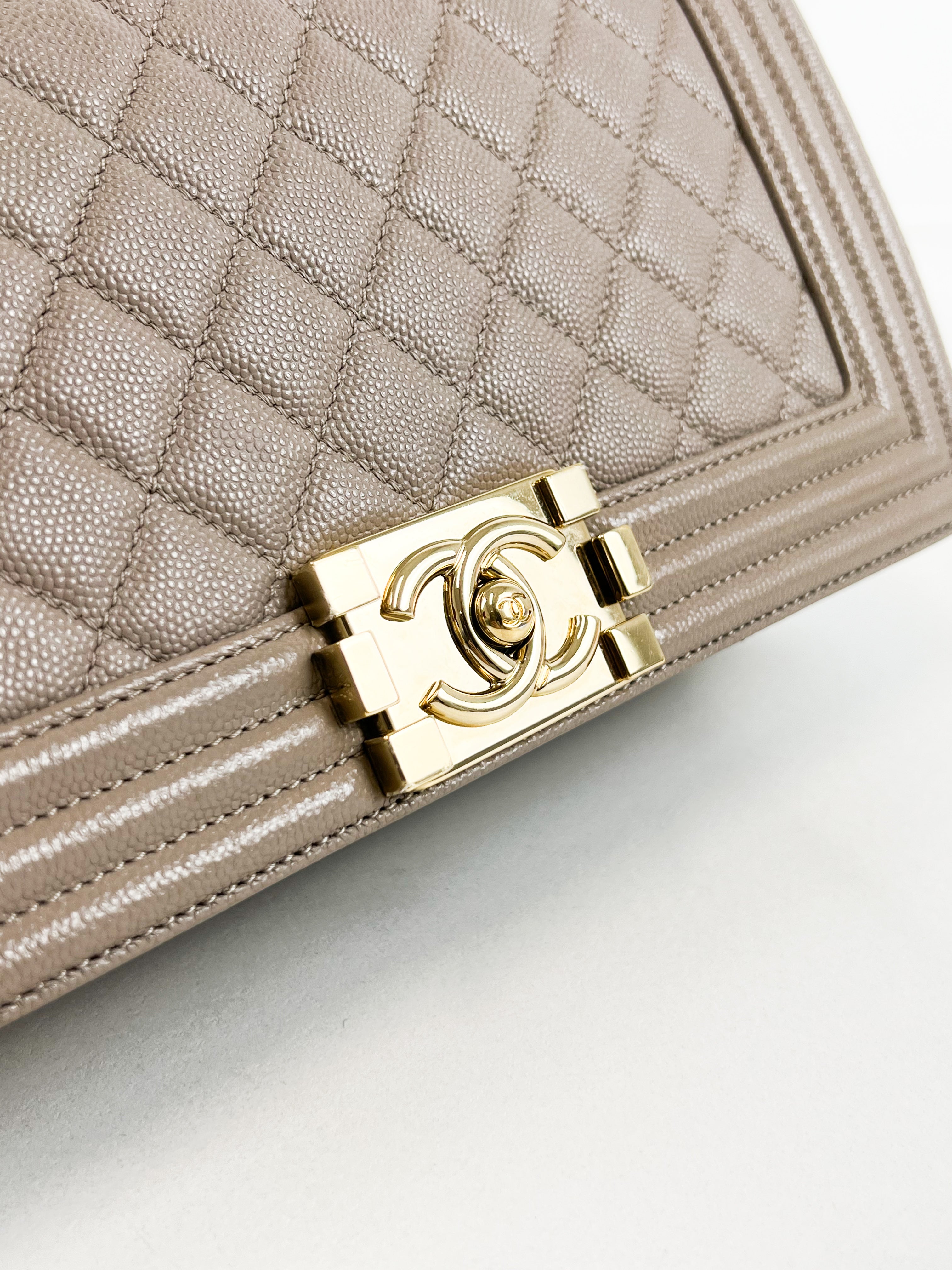 Chanel Beige Old Medium Quilted Caviar Leather Boy Bag GHW