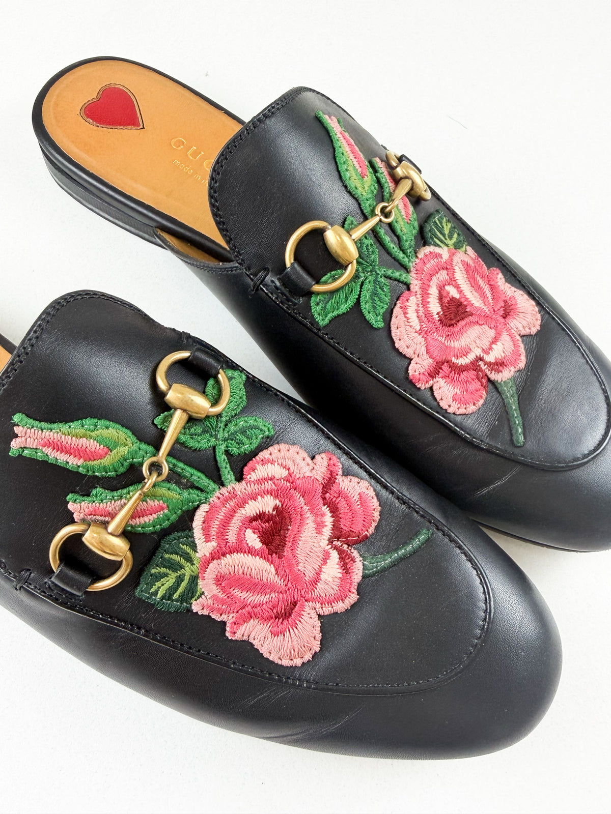 Gucci Princetown Rose Embroidered Leather Mule Size 38