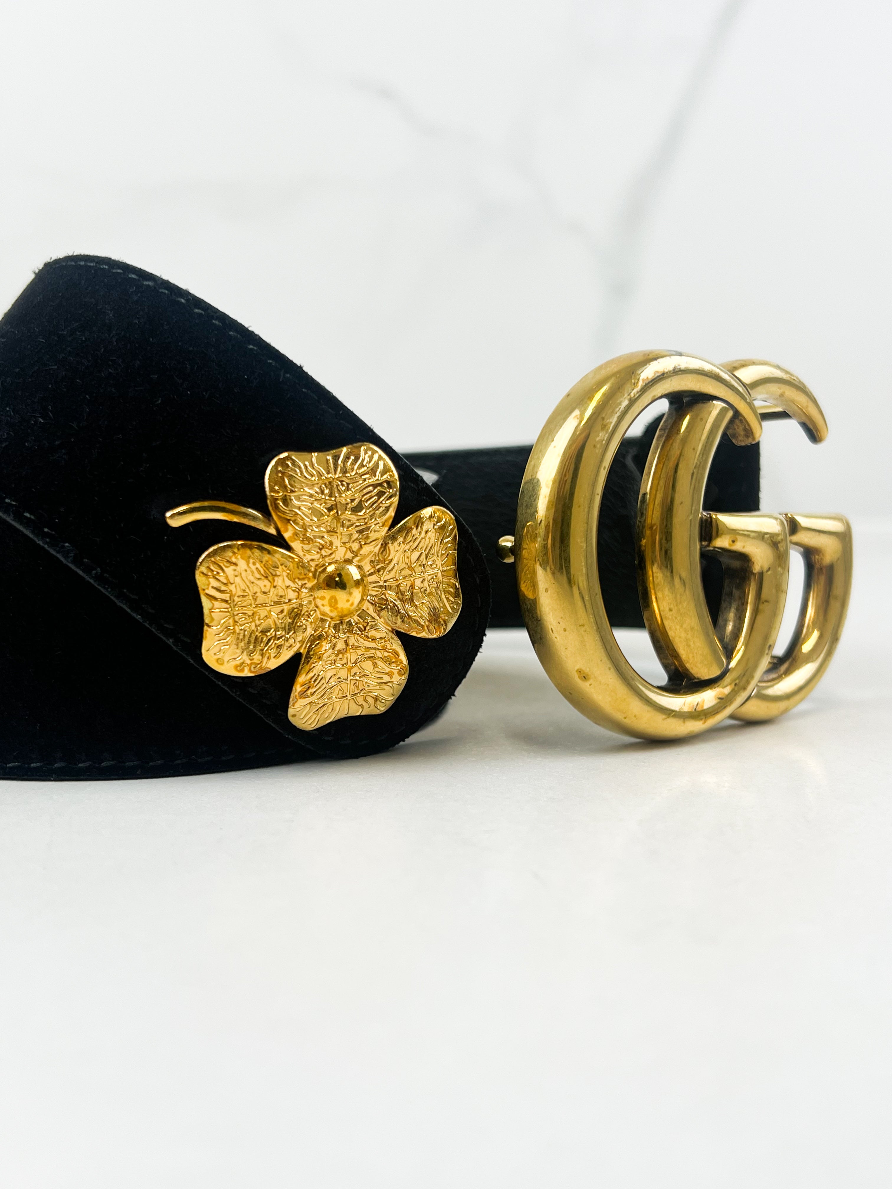 Gucci GG Velvet Belt 40mm with Gold tone Floral Detail in Size 85