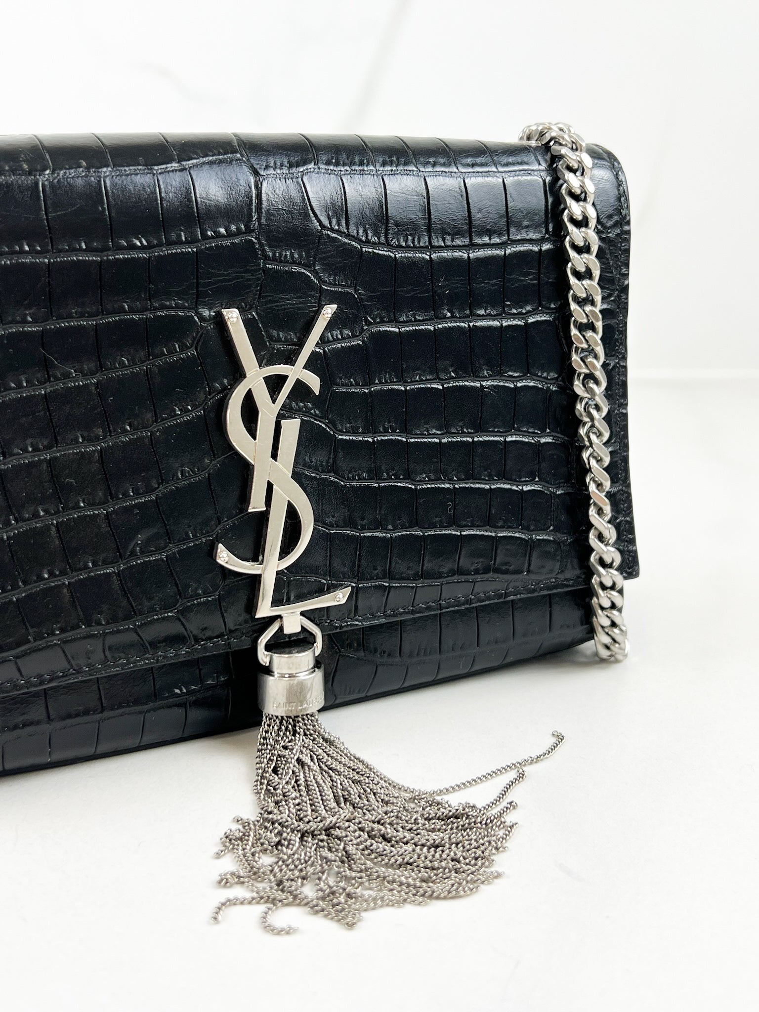 Saint Laurent Small Kate with Tassel Croc Embossed Shiny Leather SHW