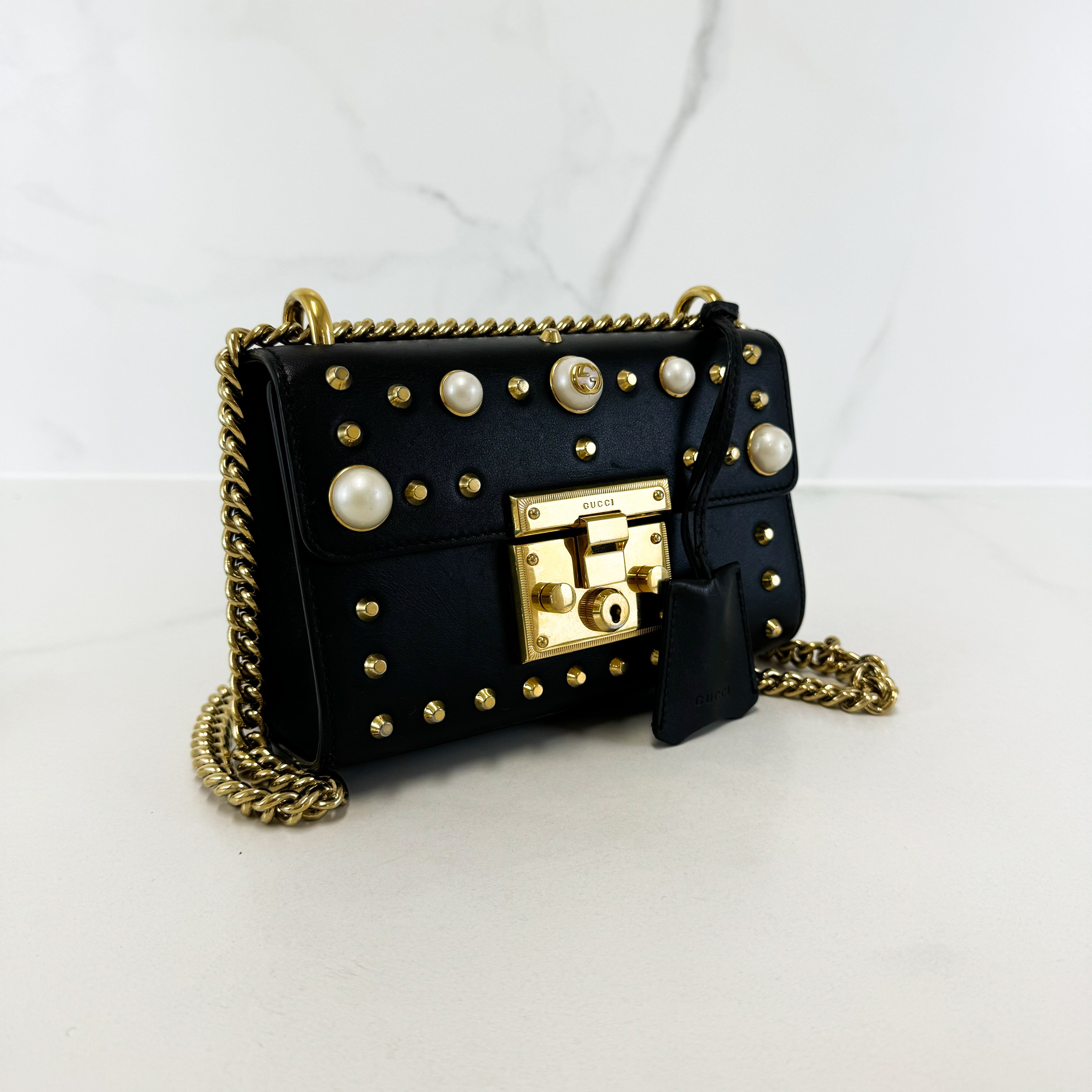 Gucci GG Black Pearl Stud Padlock Shoulder Bag