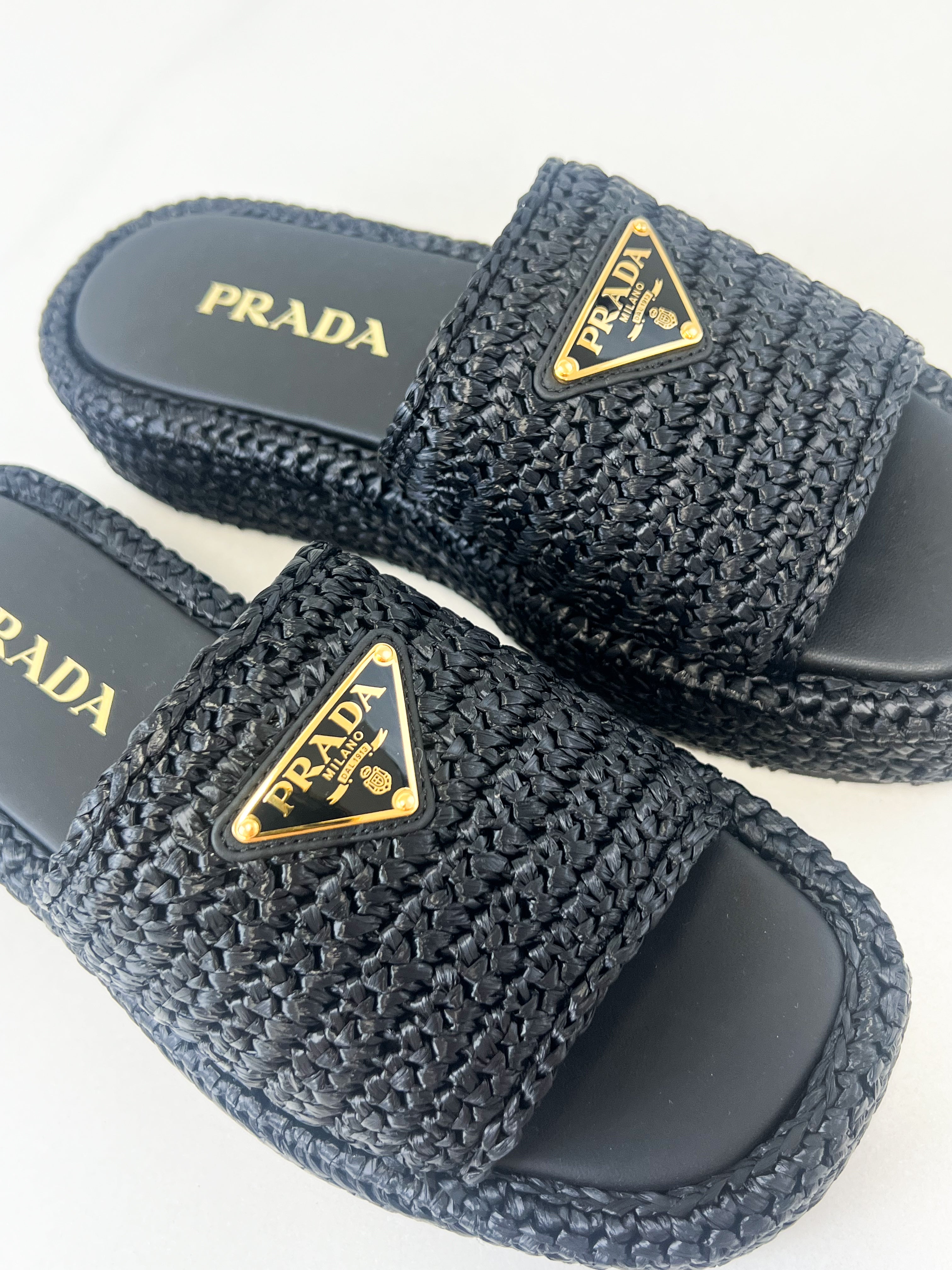 Prada Woven Flatform Sandals in Black Size 37
