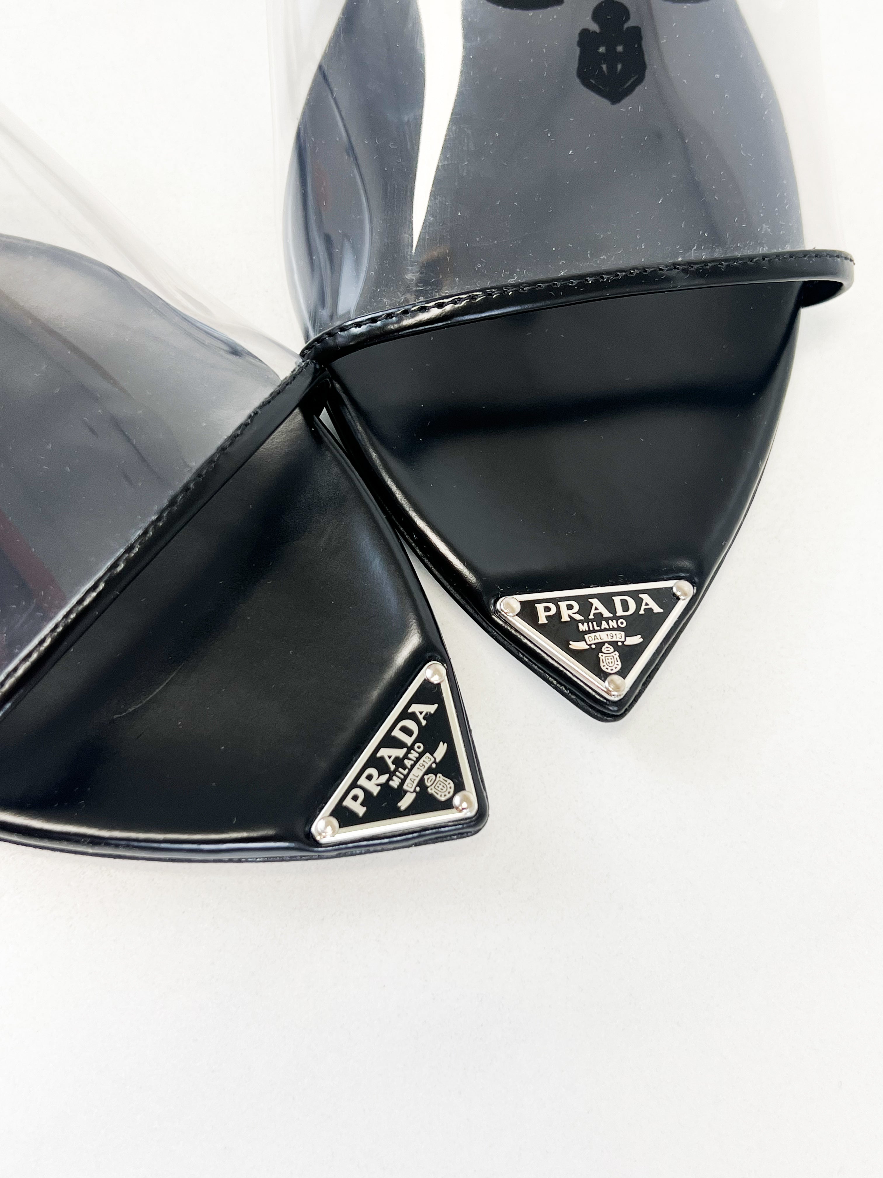 Prada Logo Print Plexiglass Flat Mule Size 37.5