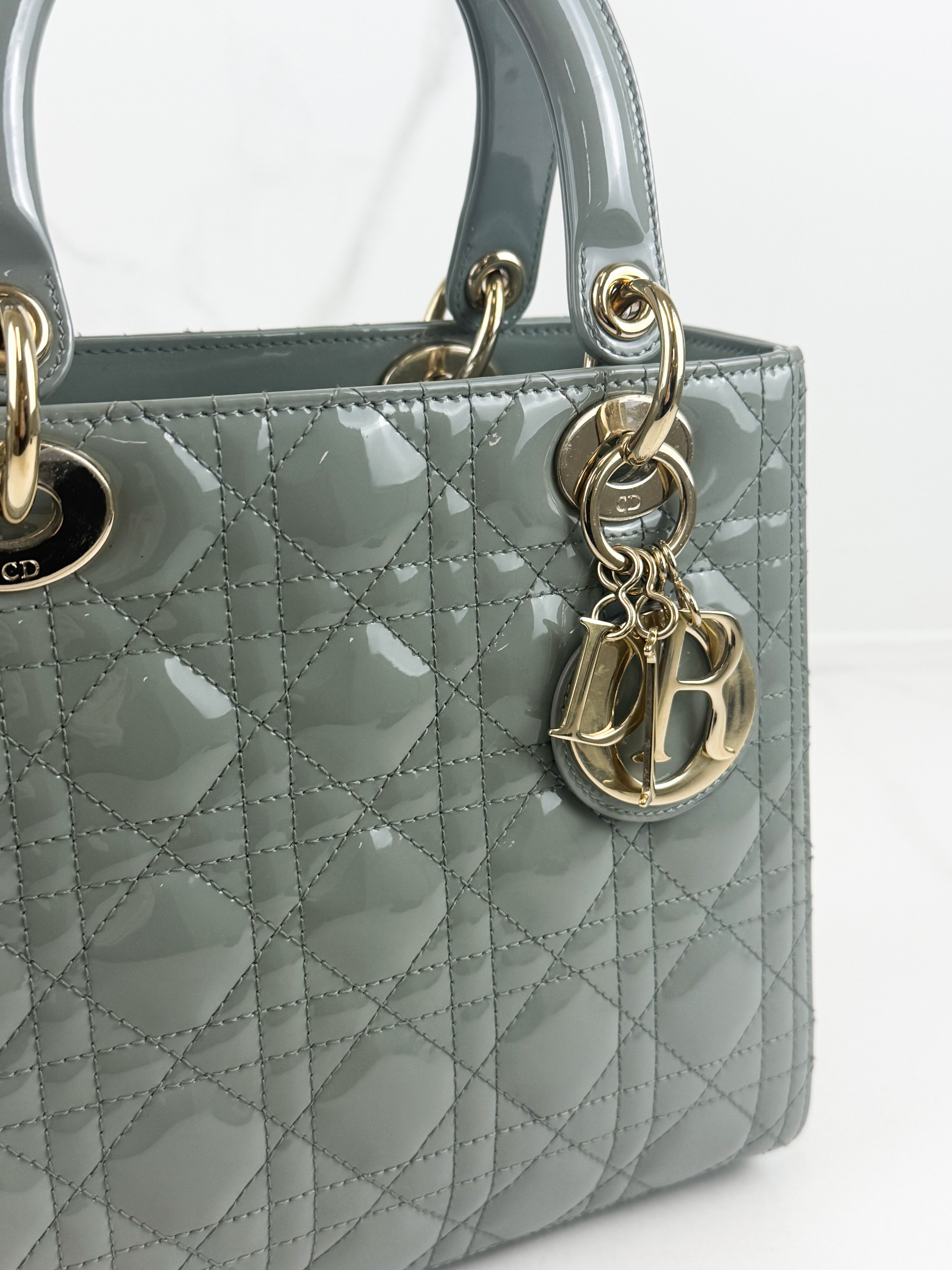 Christian Dior Medium Lady Dior In Grey Patent with GHW