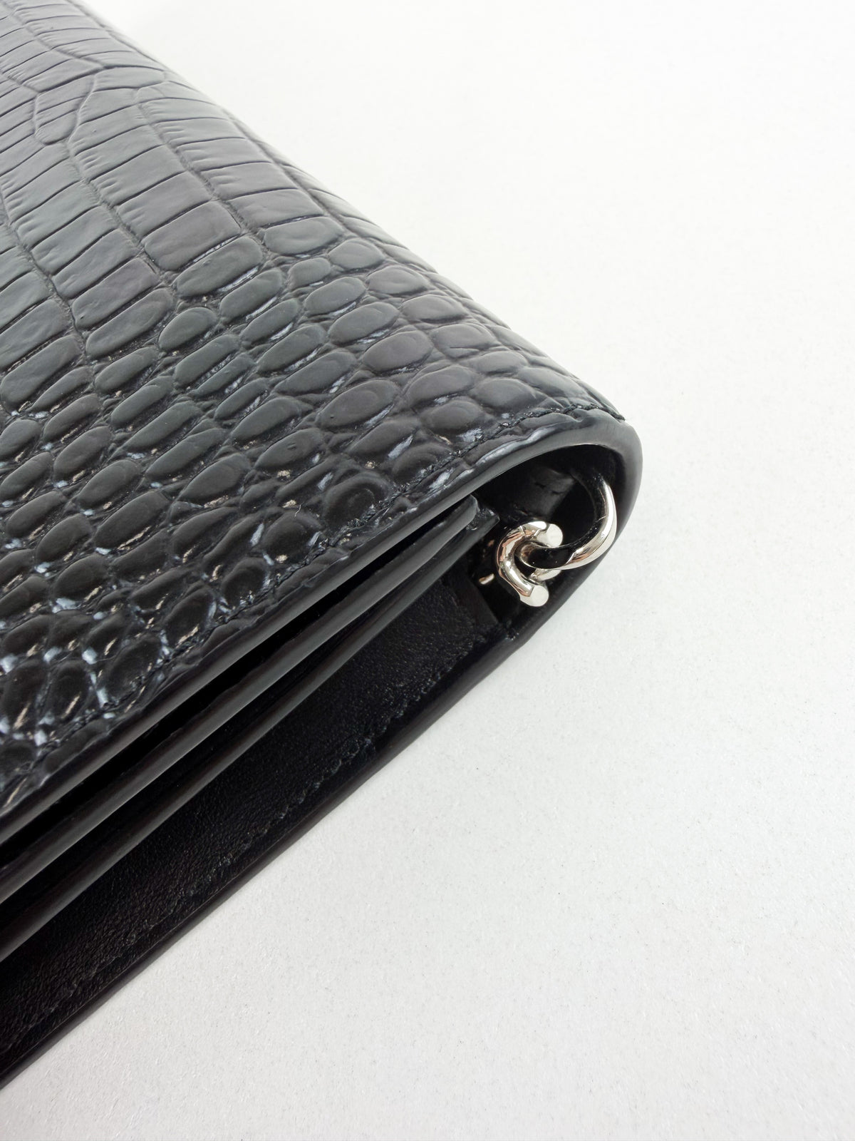 Saint Laurent Black Kate Chain Bag in Embossed Croc Leather