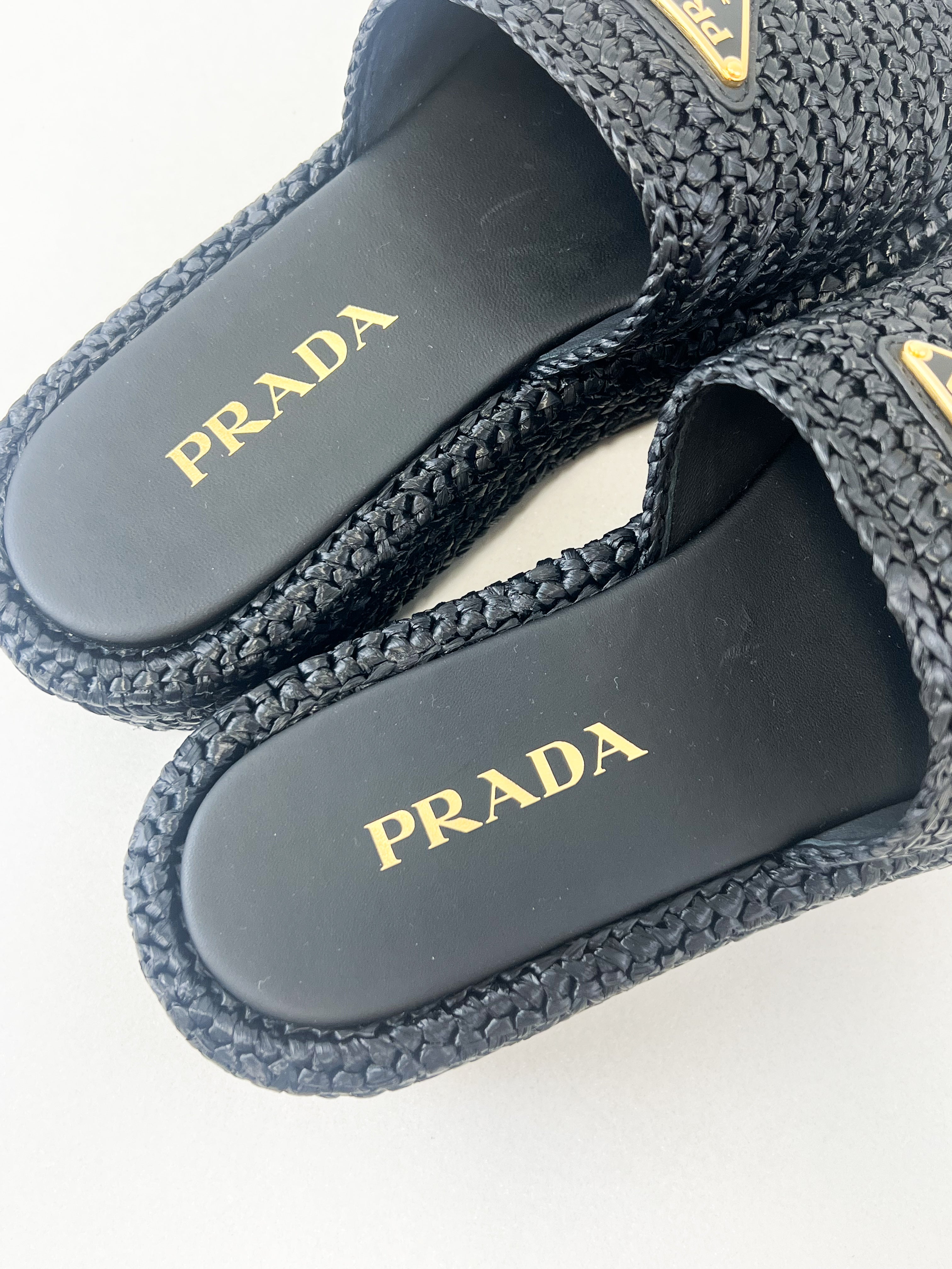 Prada Woven Flatform Sandals in Black Size 37