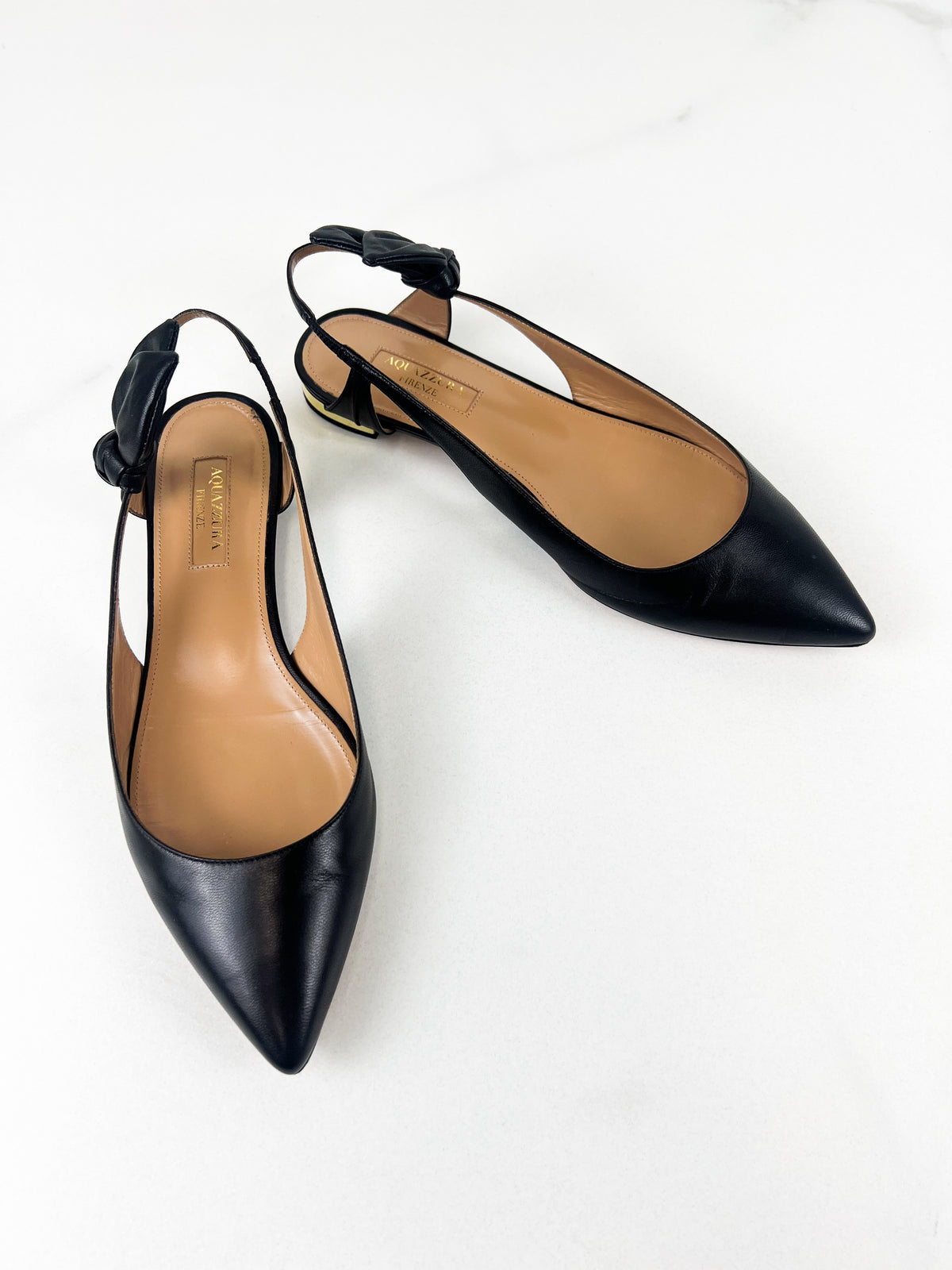 Aquazzura Bow Tie Ballet Flat in Black Leather Size 37