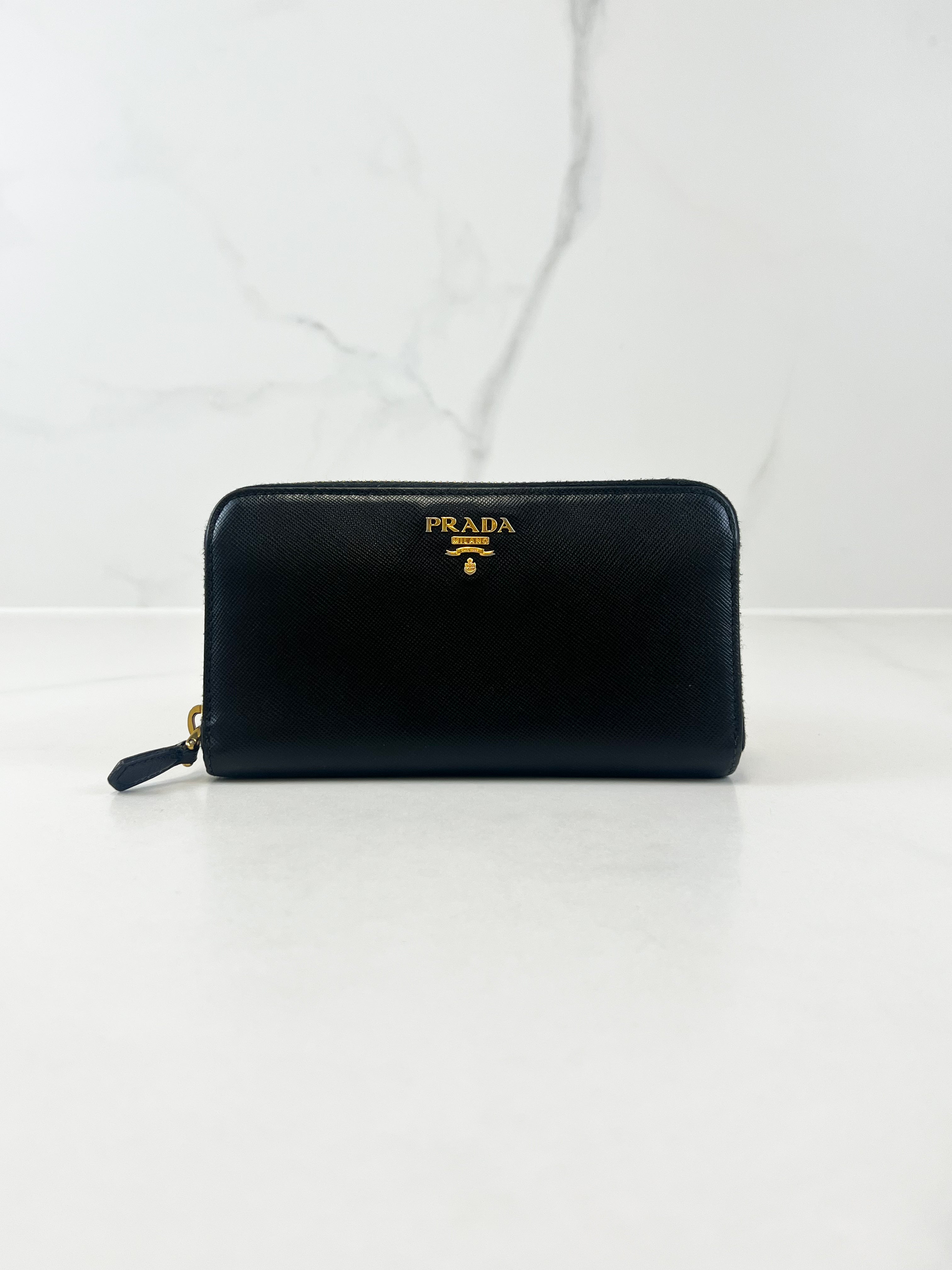 Prada Large Grained Leather Zip Around Wallet