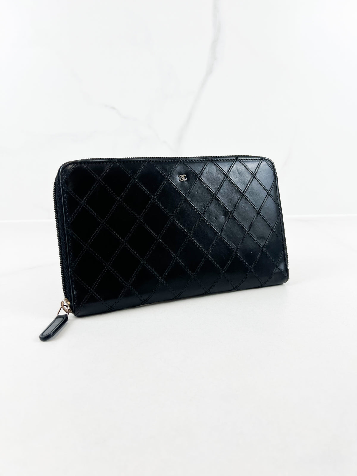 Chanel Quilted Stich Calfskin Zip Around Mini CC Wallet with SHW