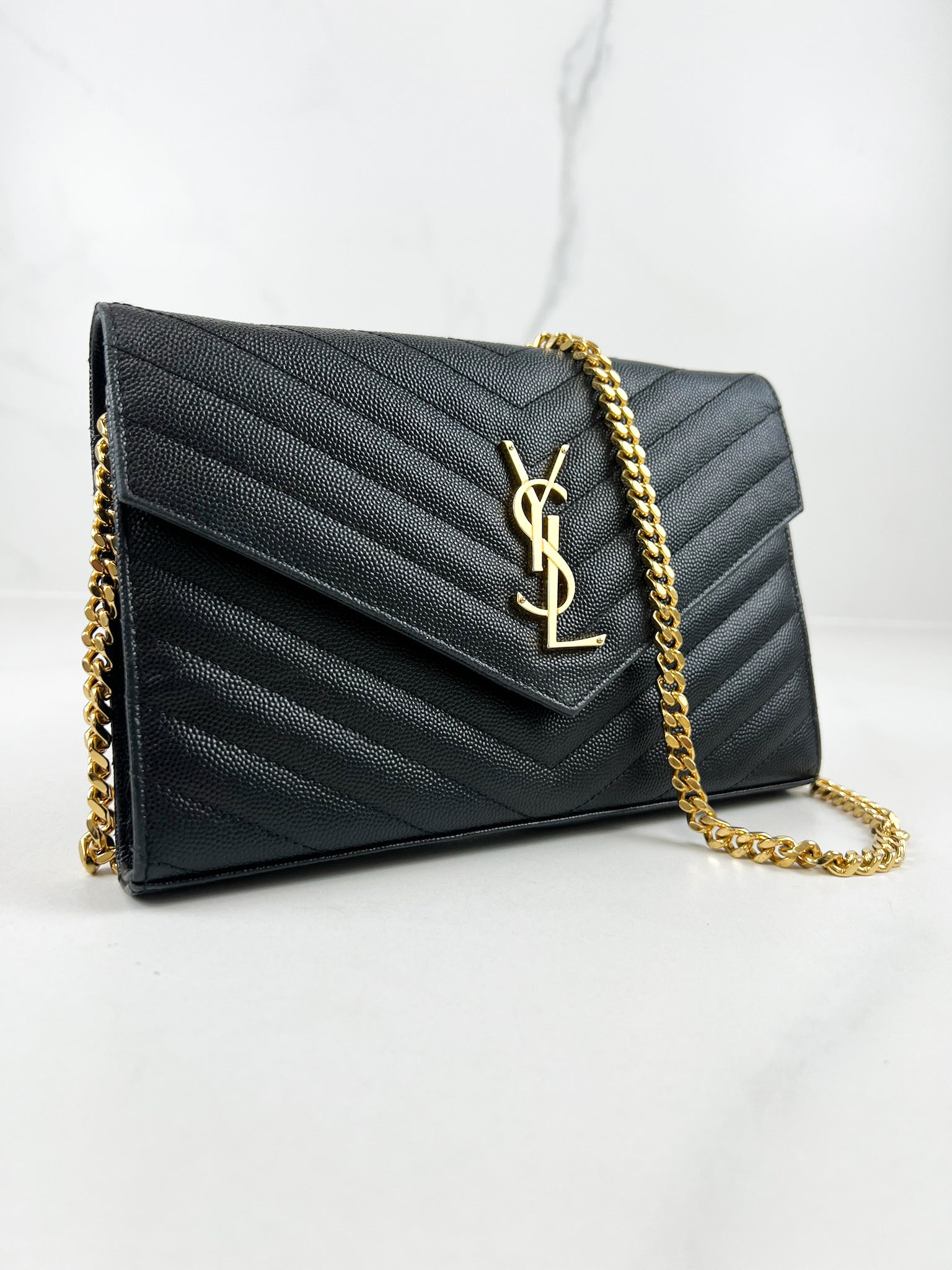 Saint Laurent Cassandre Envelope WOC in Black Grained Leather