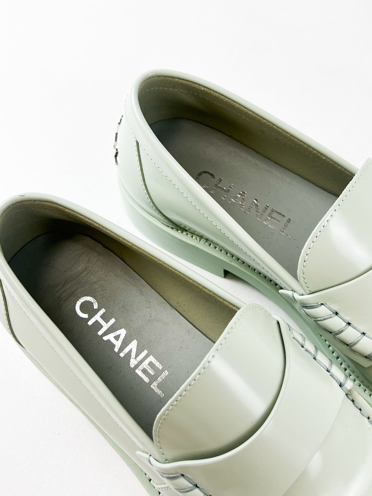 Chanel Patent Calf Skin Pale Green Logo Loafer Size 37.5C