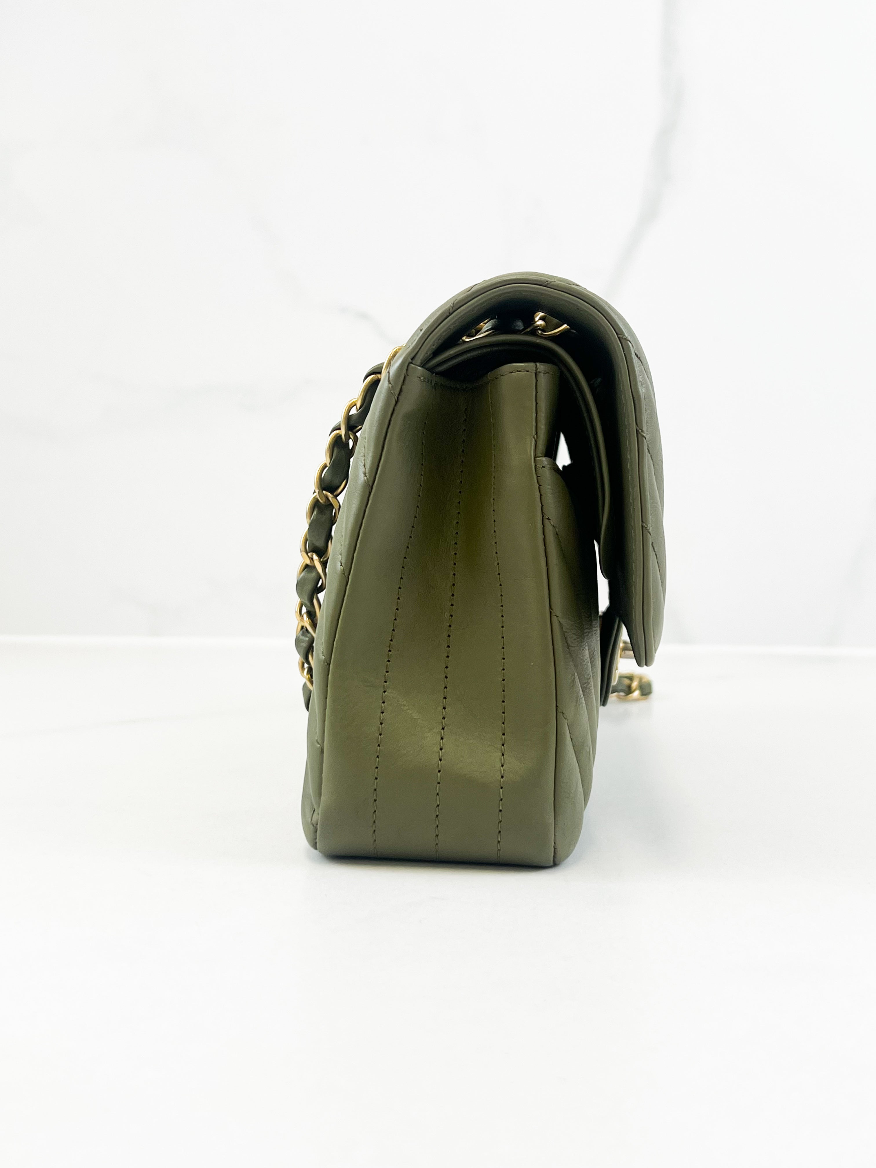 Chanel CC Medium Calfskin Olive Green Classic Double Flap Shoulder Bag GHW