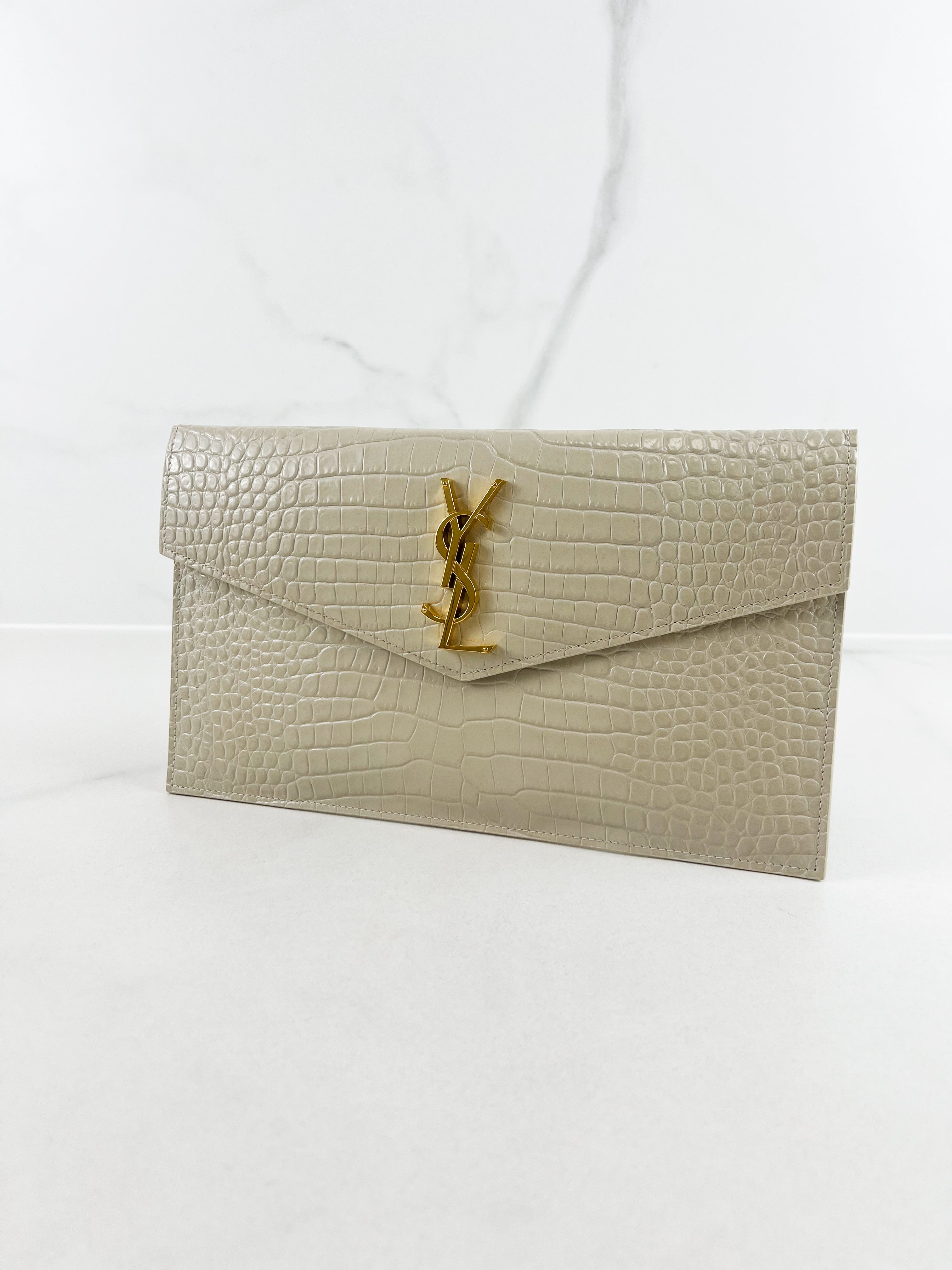 Saint Laurent Beige Uptown Pouch in Crema Soft Croc-Effect Leather
