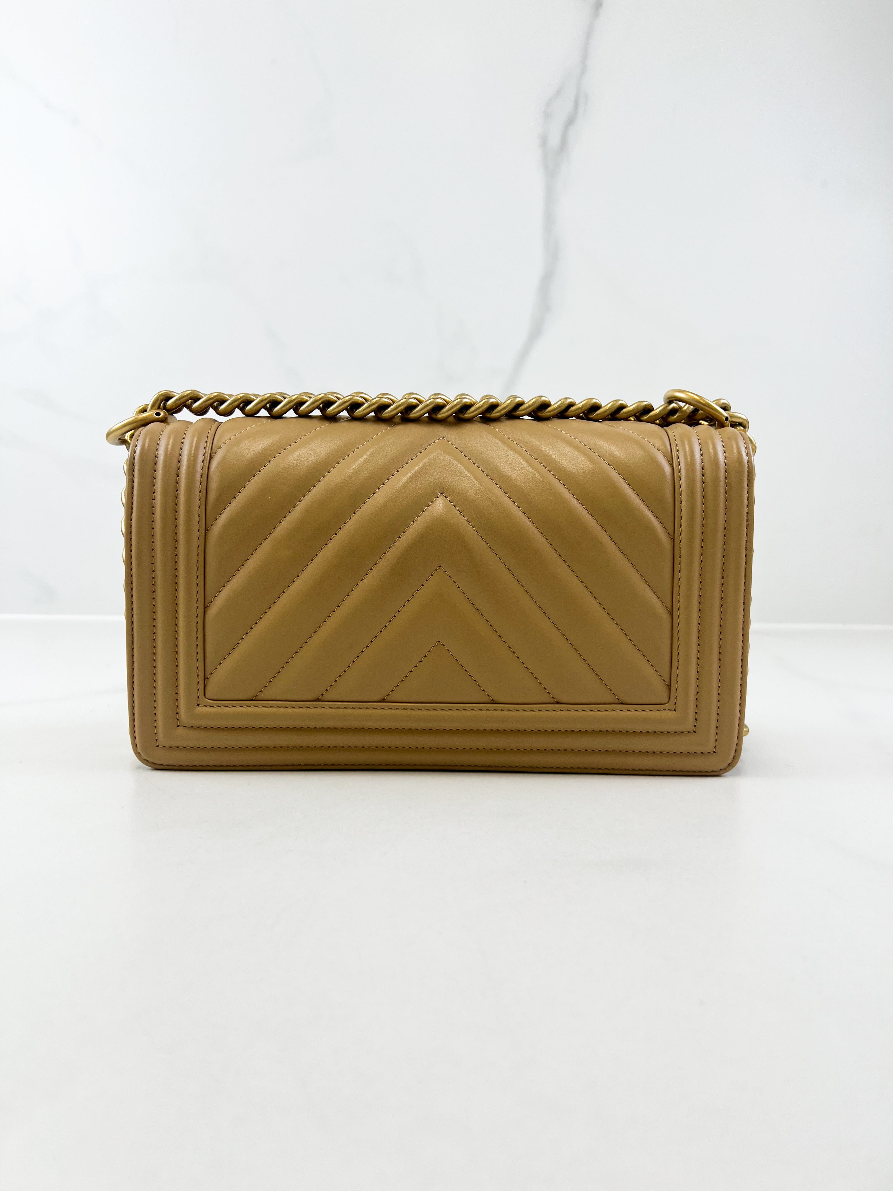 Chanel Beige Old Medium Chevron Calfskin Boy Bag with GHW