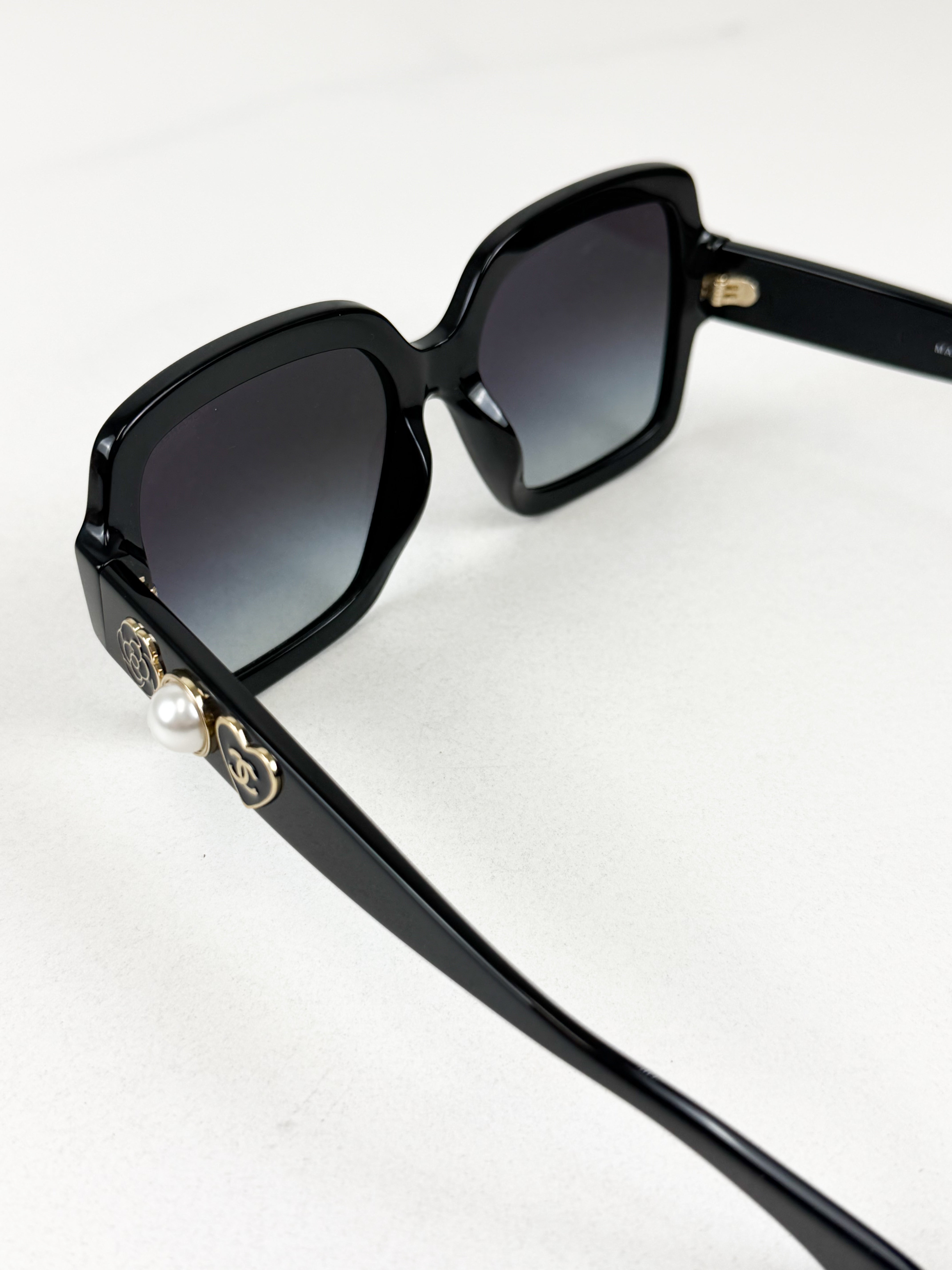 Chanel Black Acetate Charms Pearl Square Sunglasses 5479-A