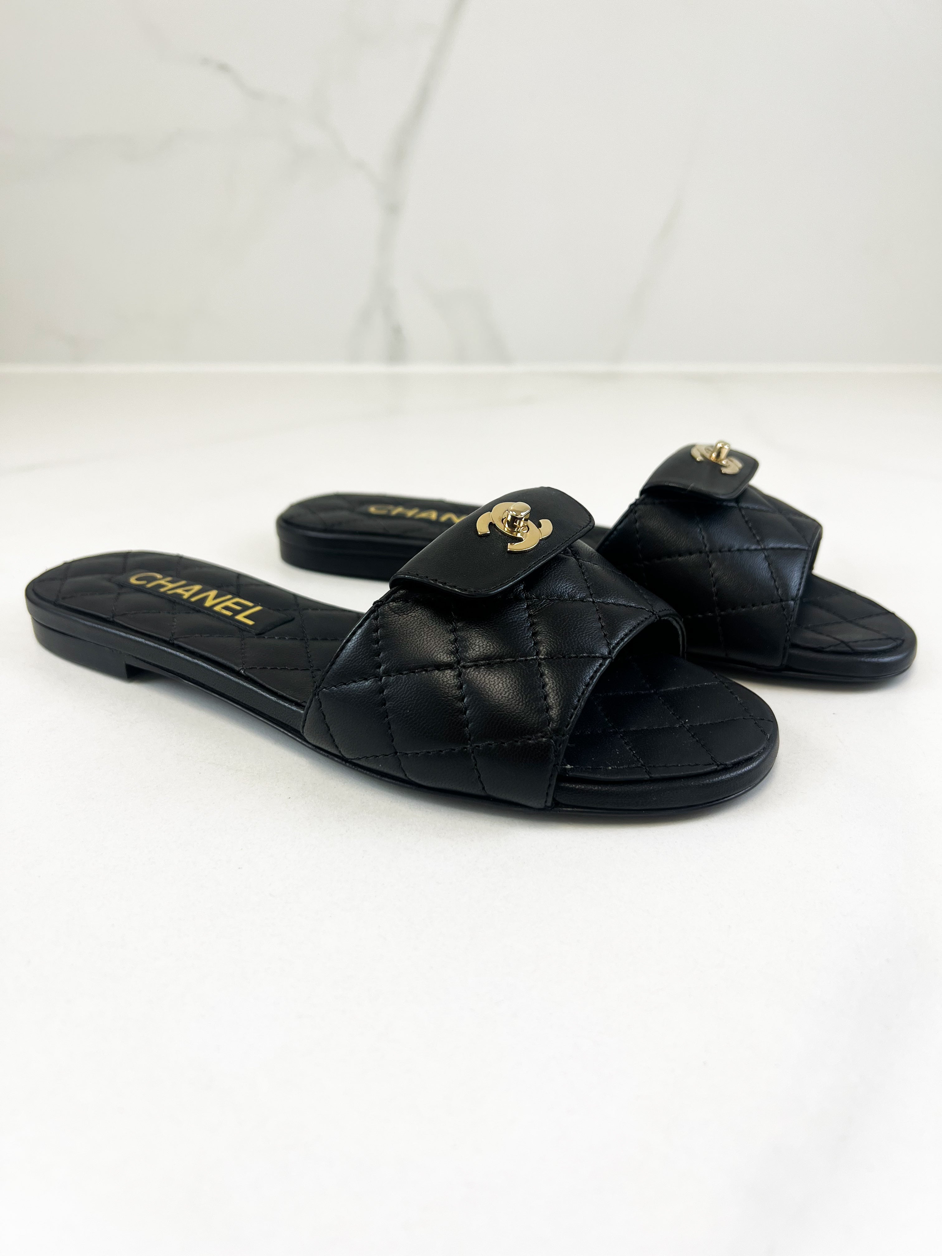 Chanel Black Quilted Leather Slides Size 36C