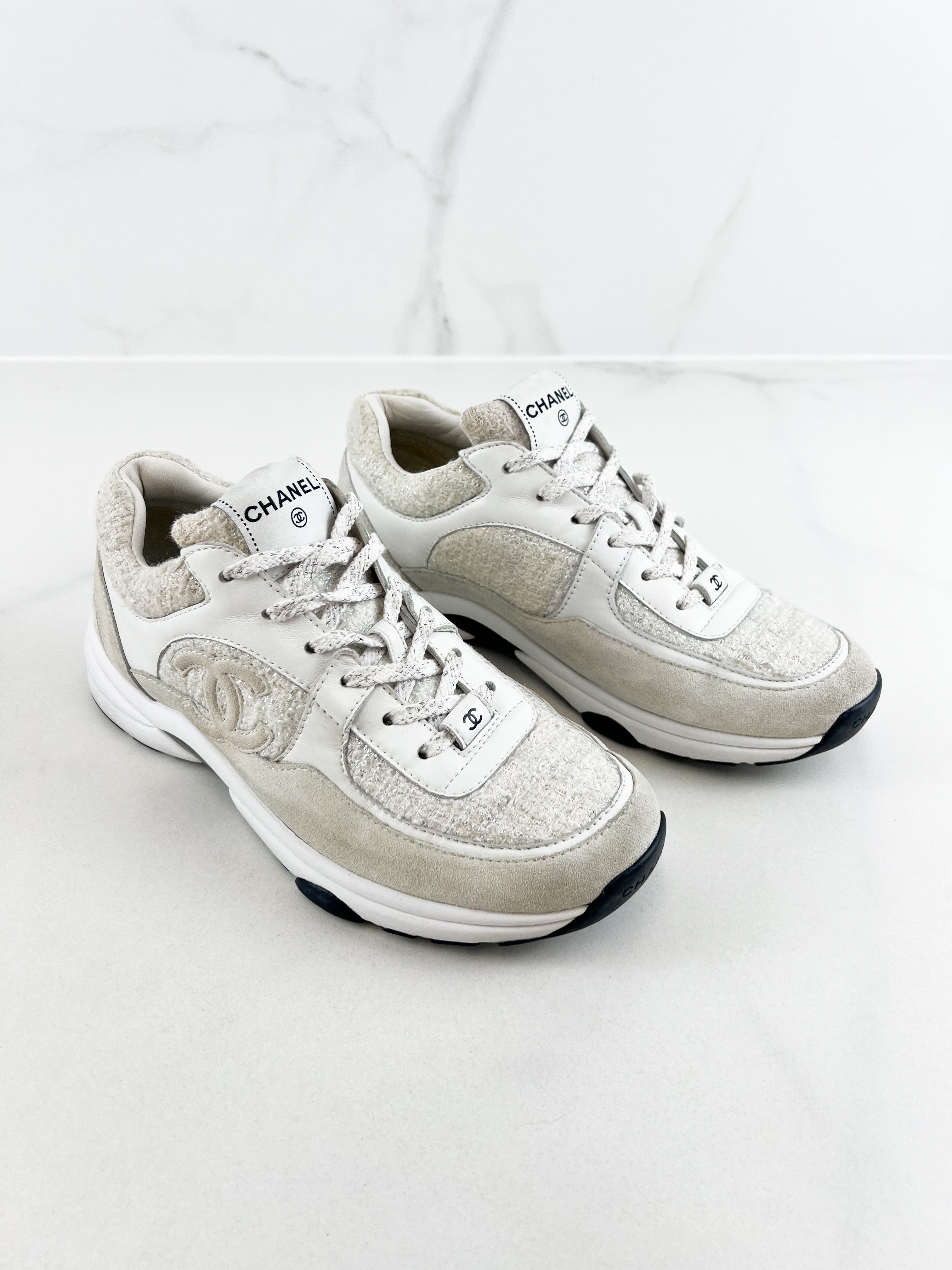 Chanel Painted Iridescent Cotton Tweed Suede CC Sneakers Size 40