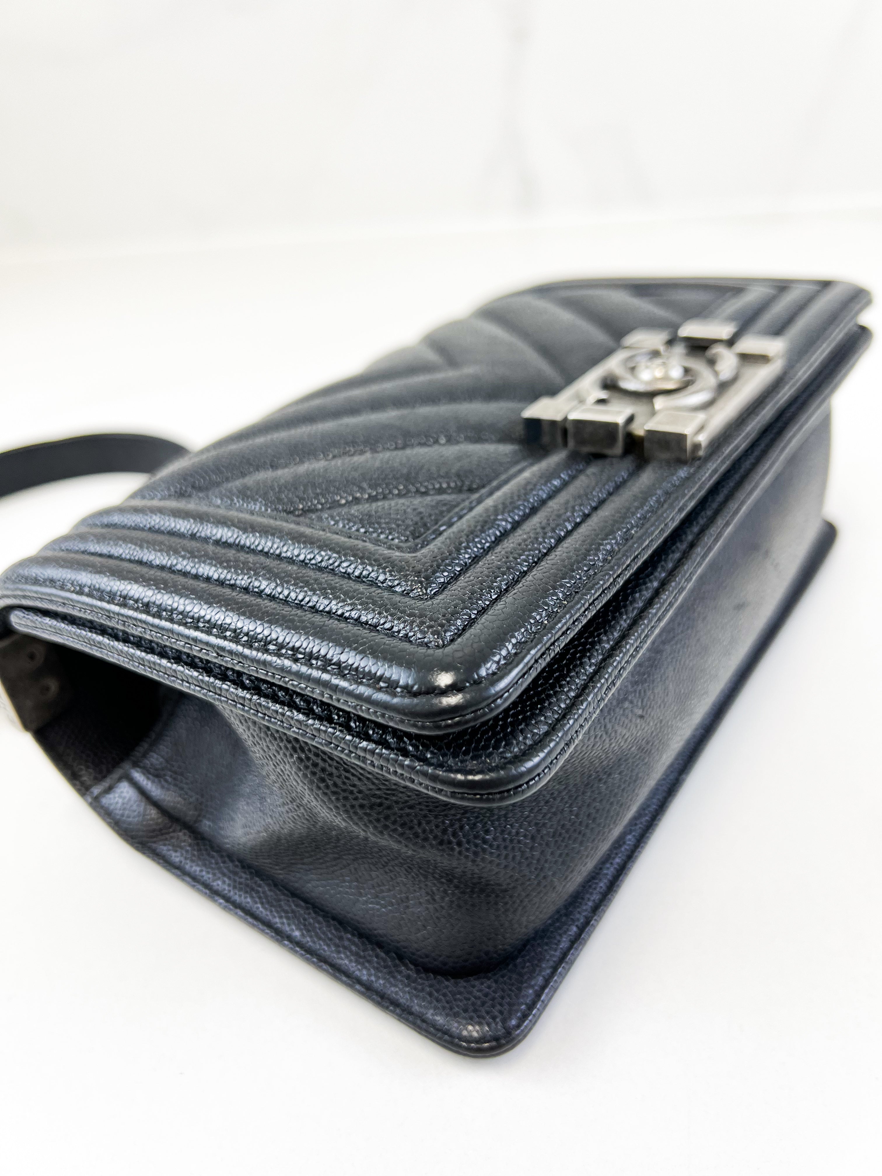 Chanel Caviar Small Chevron Boy Bag with Ruthenium Hardware