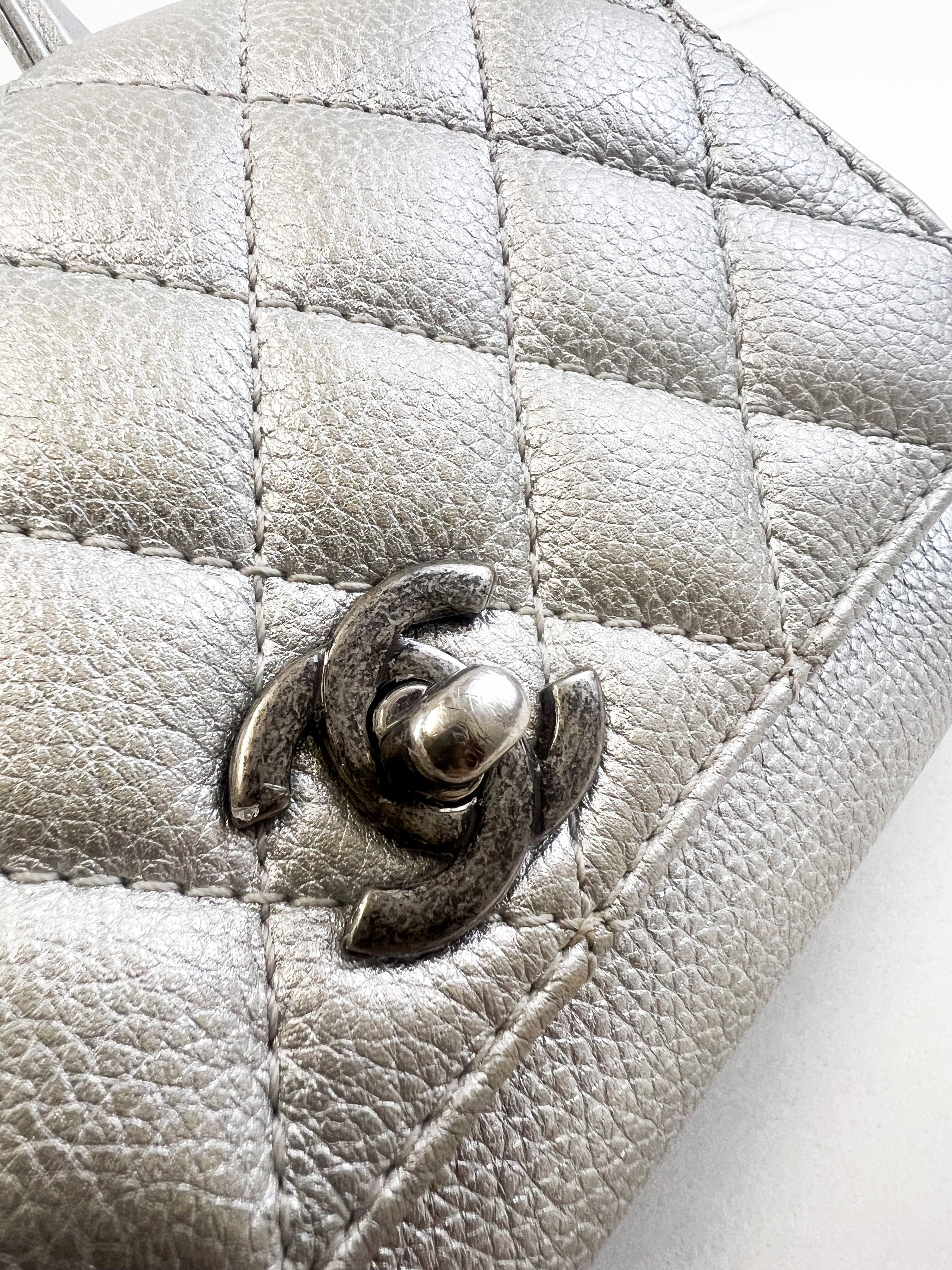 Chanel Quilted Caviar Mini Coco Silver Top Handle Bag