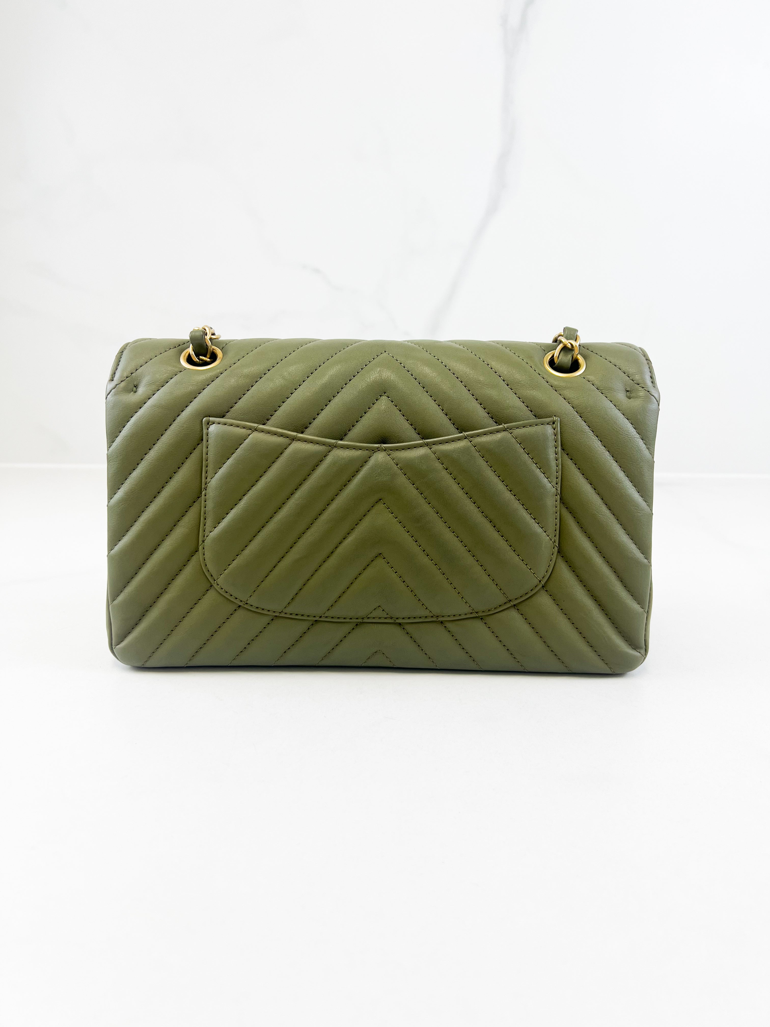 Chanel CC Medium Calfskin Olive Green Classic Double Flap Shoulder Bag GHW