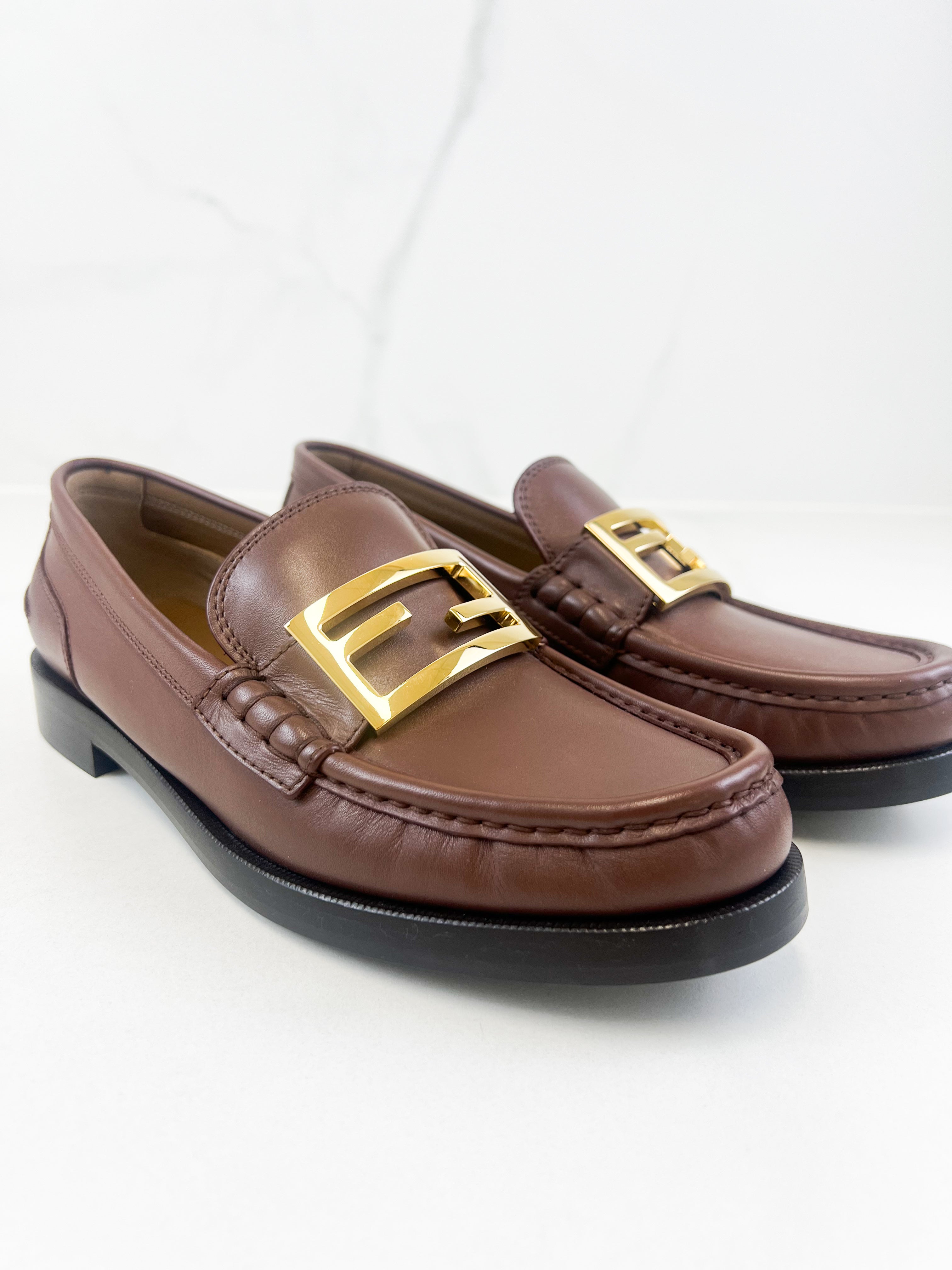 Fendi Mahogany Loafer with Gold-tone FF Plaque Size 40