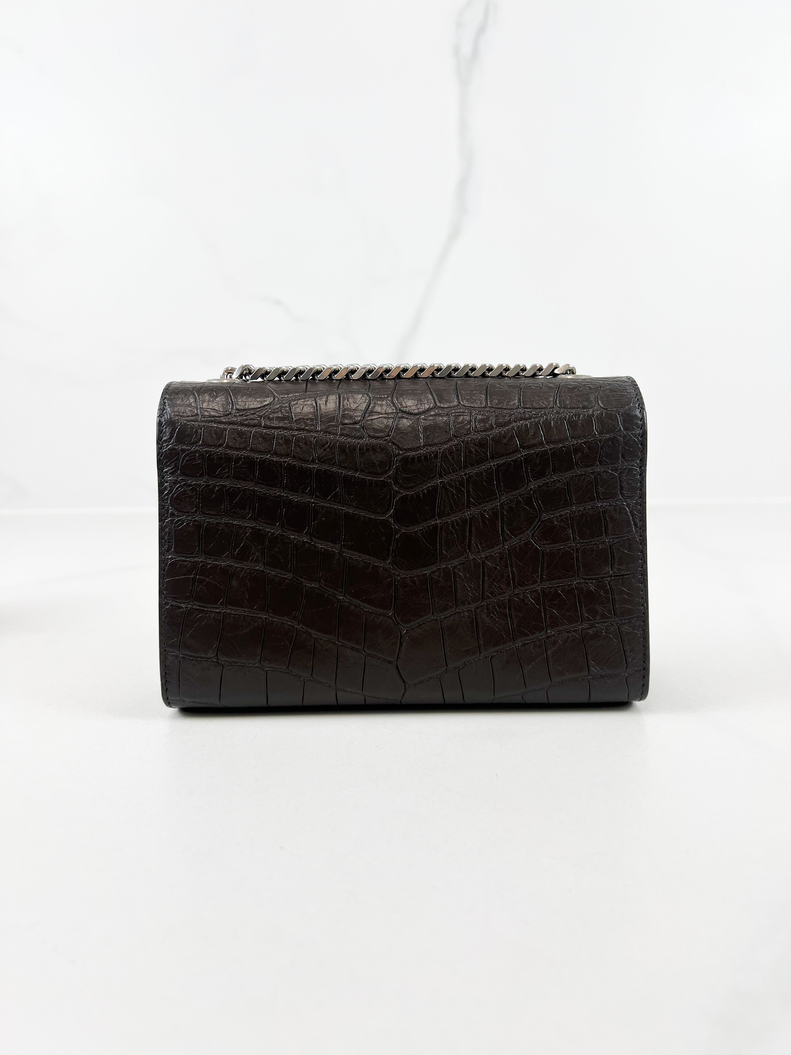 Saint Laurent Mini Kate Croc Embossed with SHW Tassel in Charcoal Brown