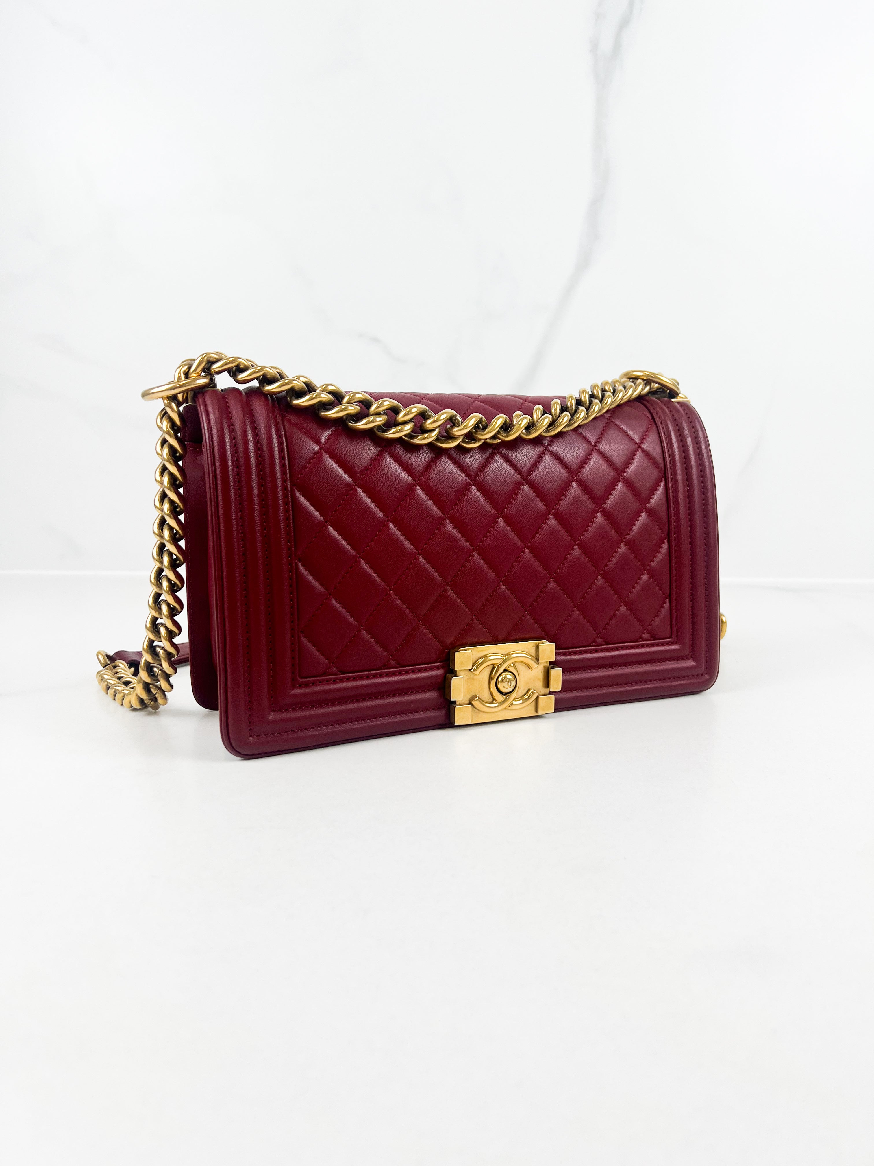 Chanel Old Medium Boy Bag in Red Quilted Calfskin with Gold Hardware
