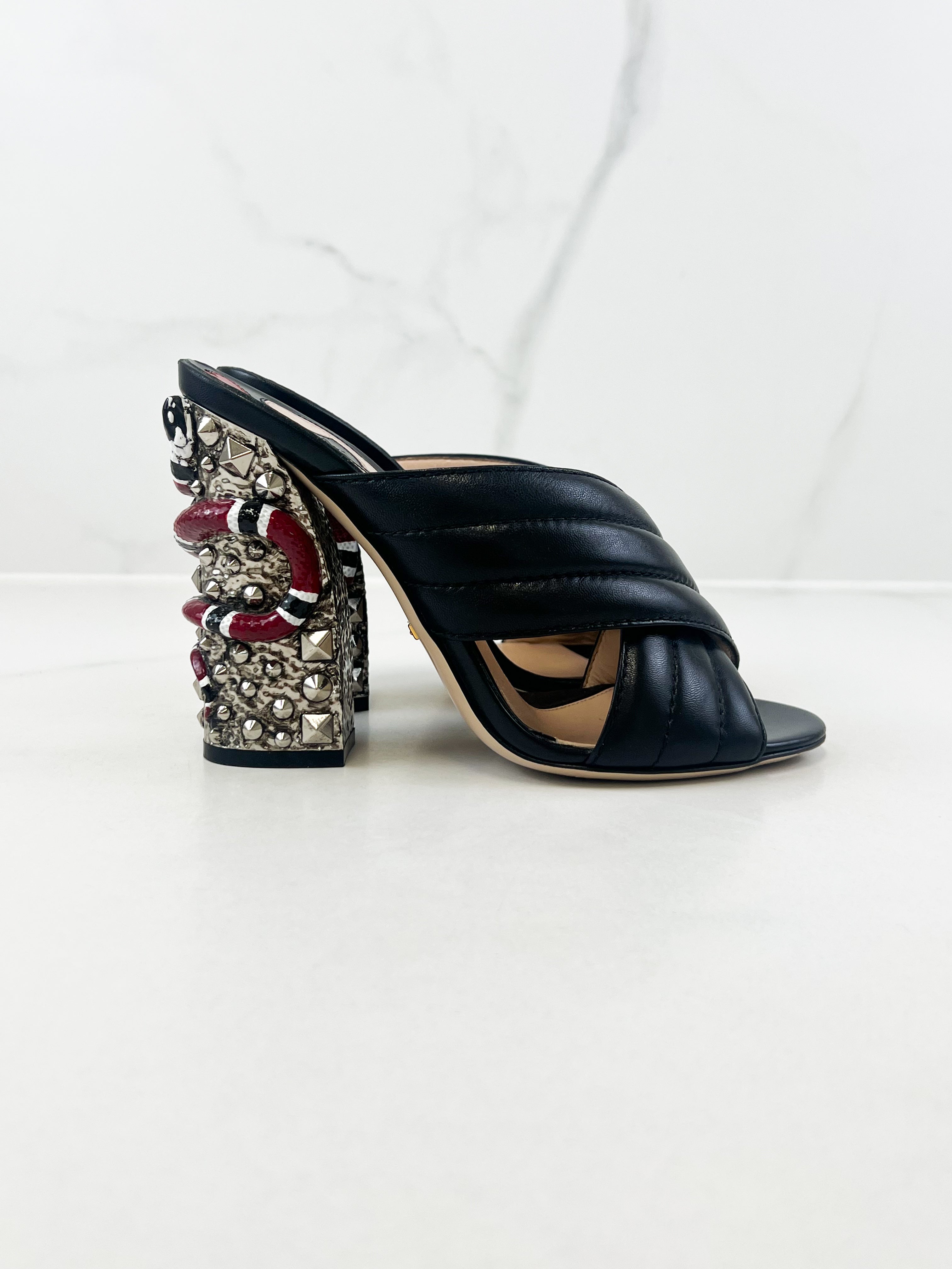 Gucci Webby Quilted Leather Snake Heel Mules Size 38