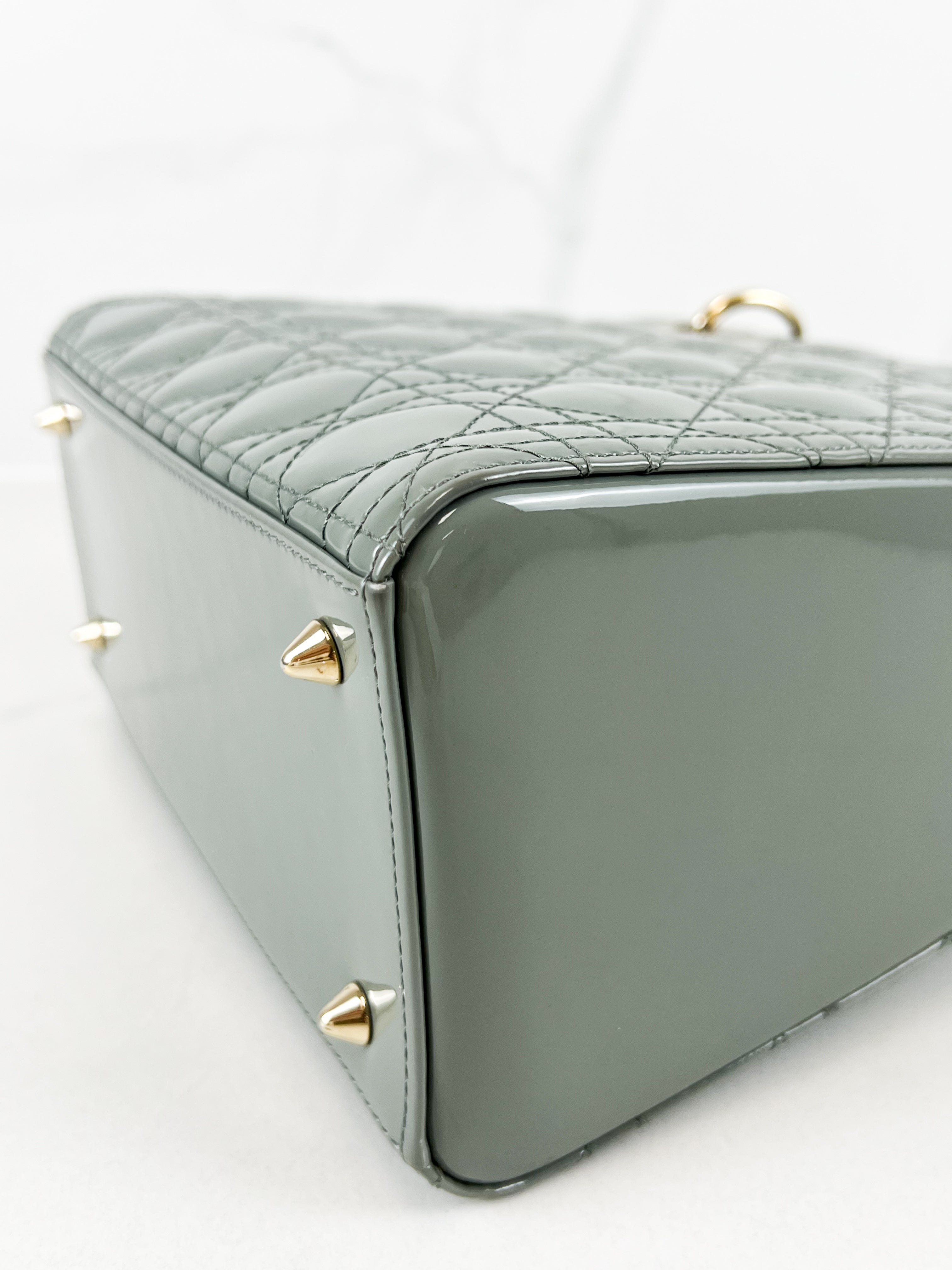 Christian Dior Medium Lady Dior In Grey Patent with GHW