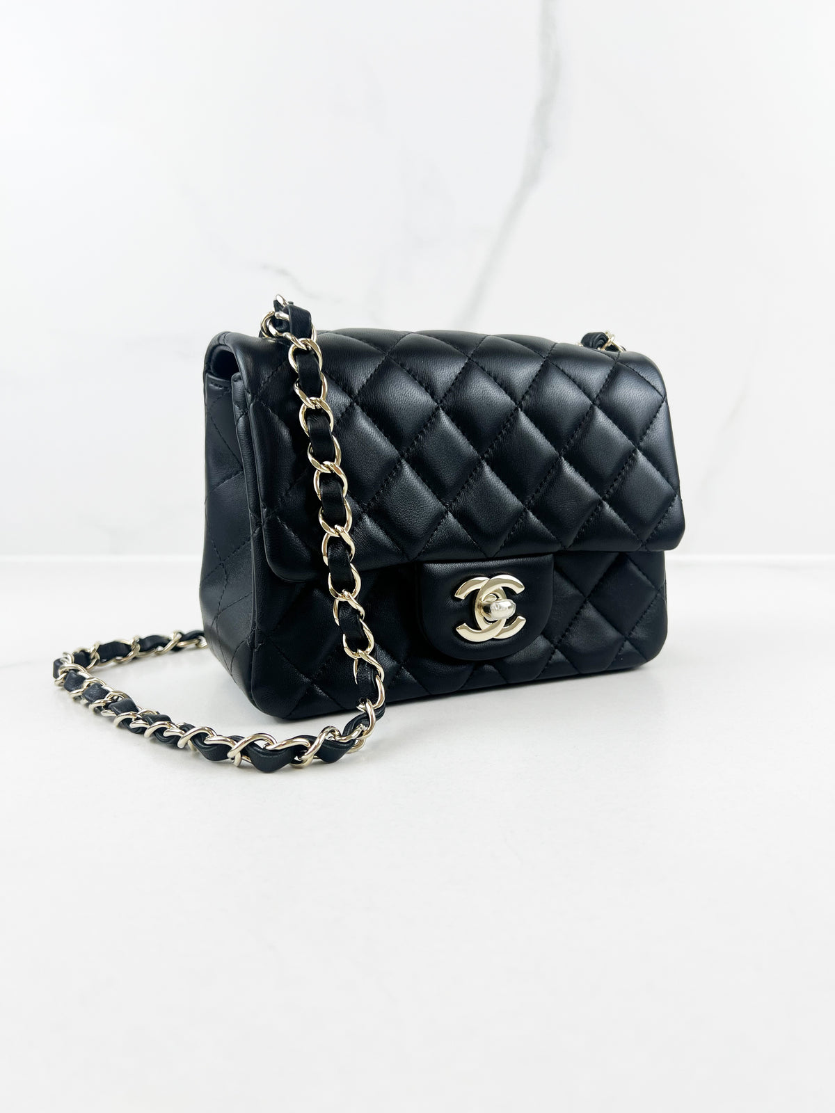 Chanel Mini Square in Black Lambskin with Champagne Hardware
