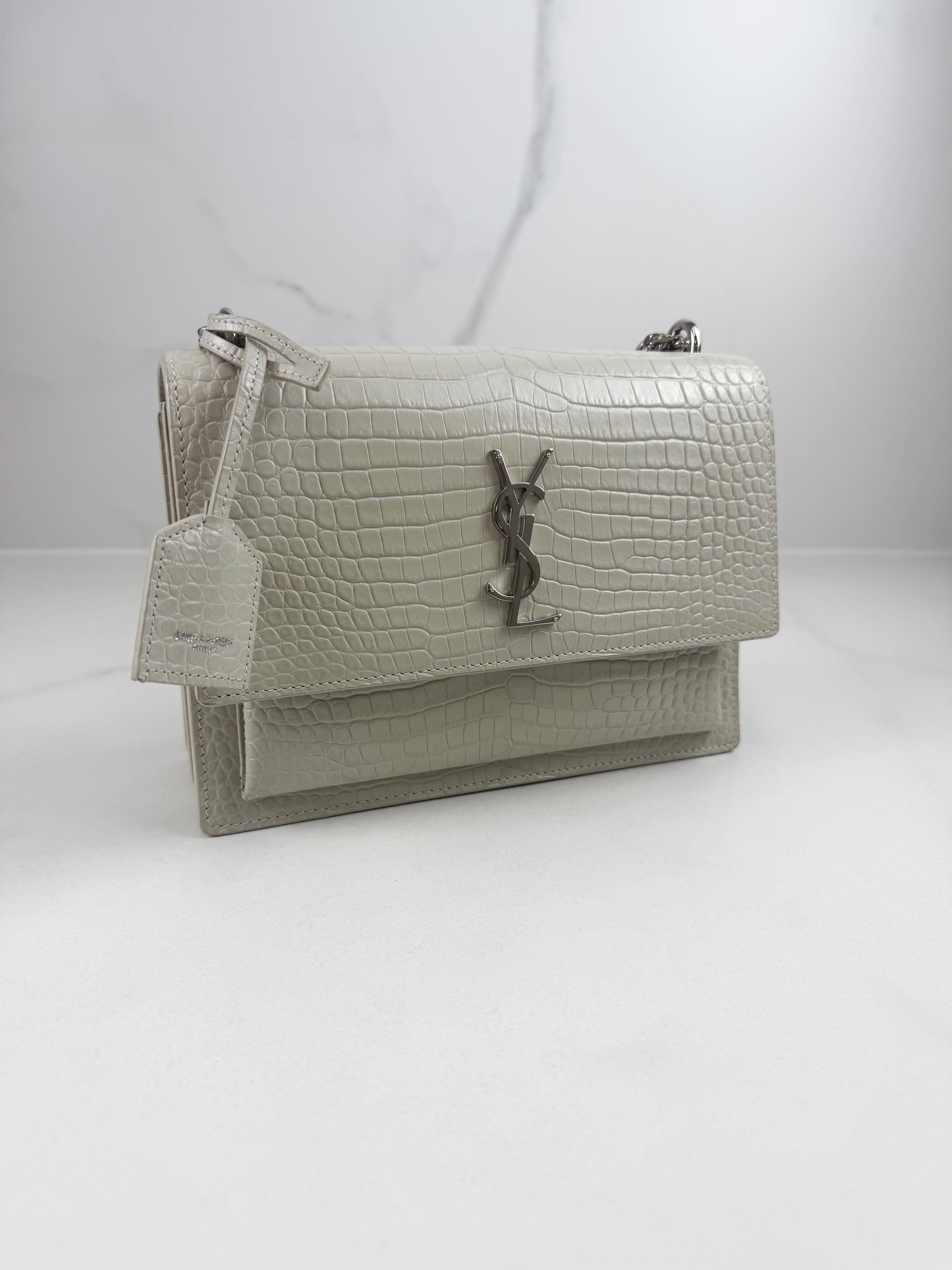 Saint Laurent Sunset Medium In Croc-embossed leather Blanc Vintage