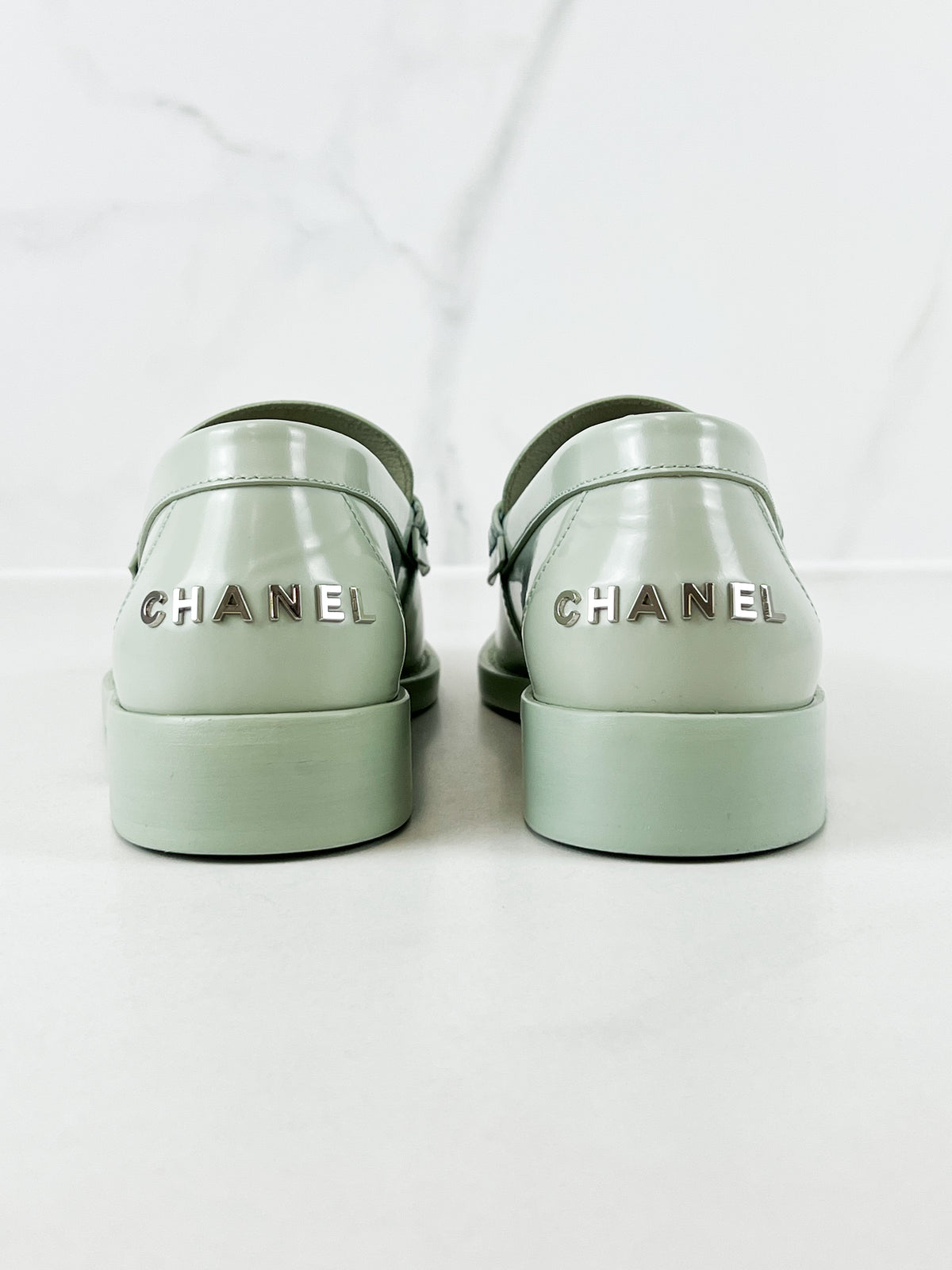 Chanel Patent Calf Skin Pale Green Logo Loafer Size 37.5C