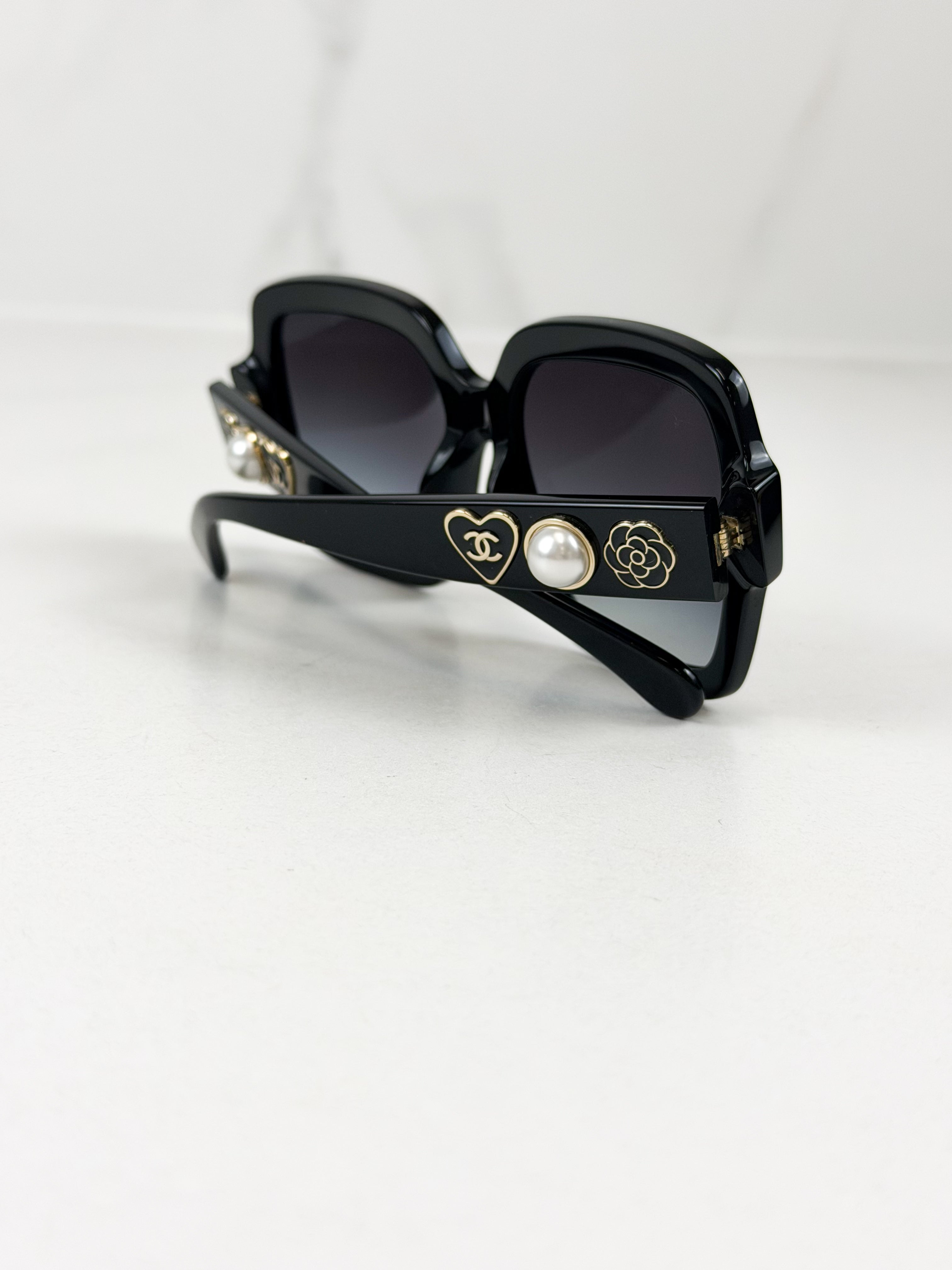 Chanel Black Acetate Charms Pearl Square Sunglasses 5479-A