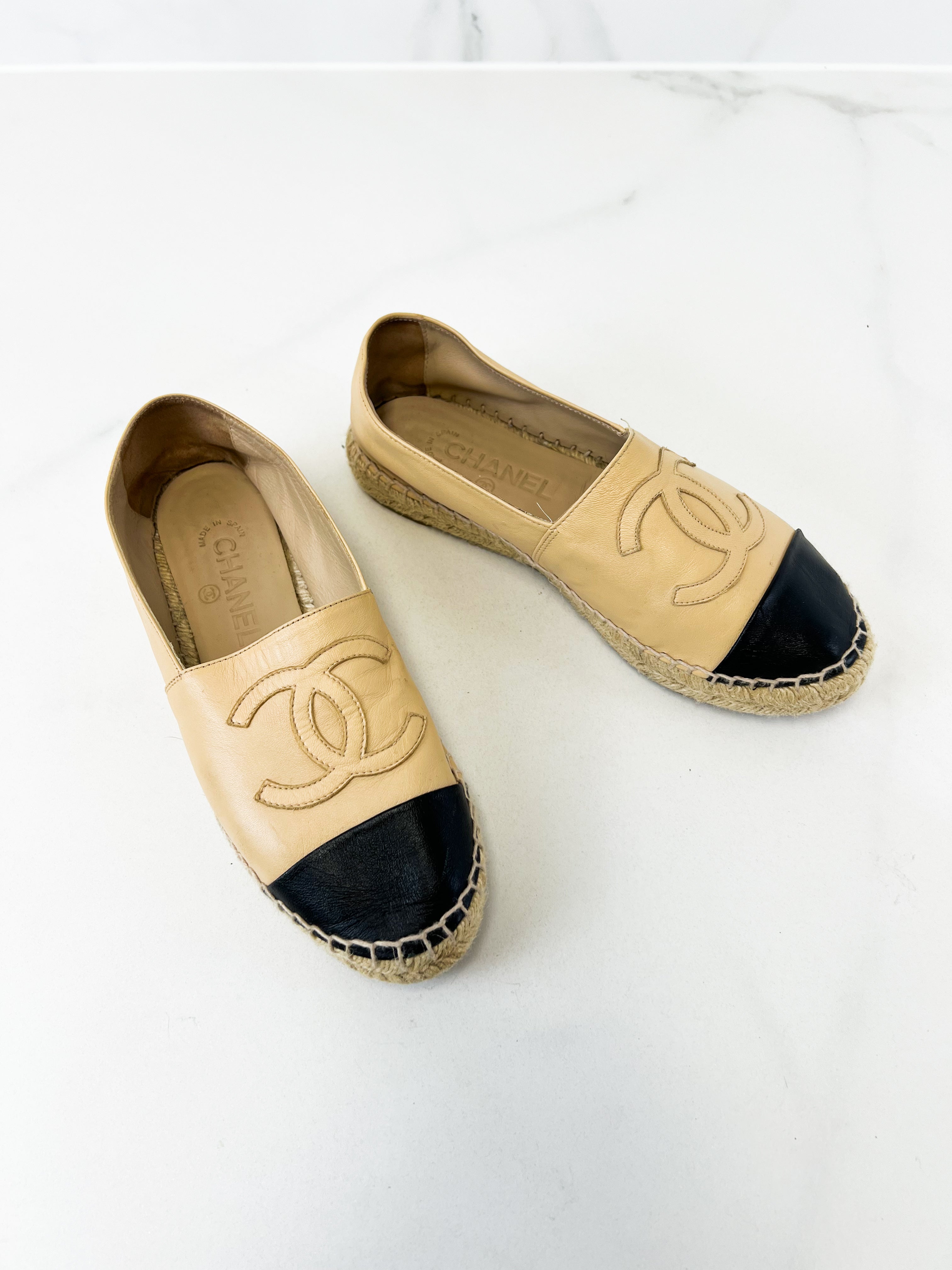 Chanel CC Logo Black & Beige Leather Espadrilles Size 38