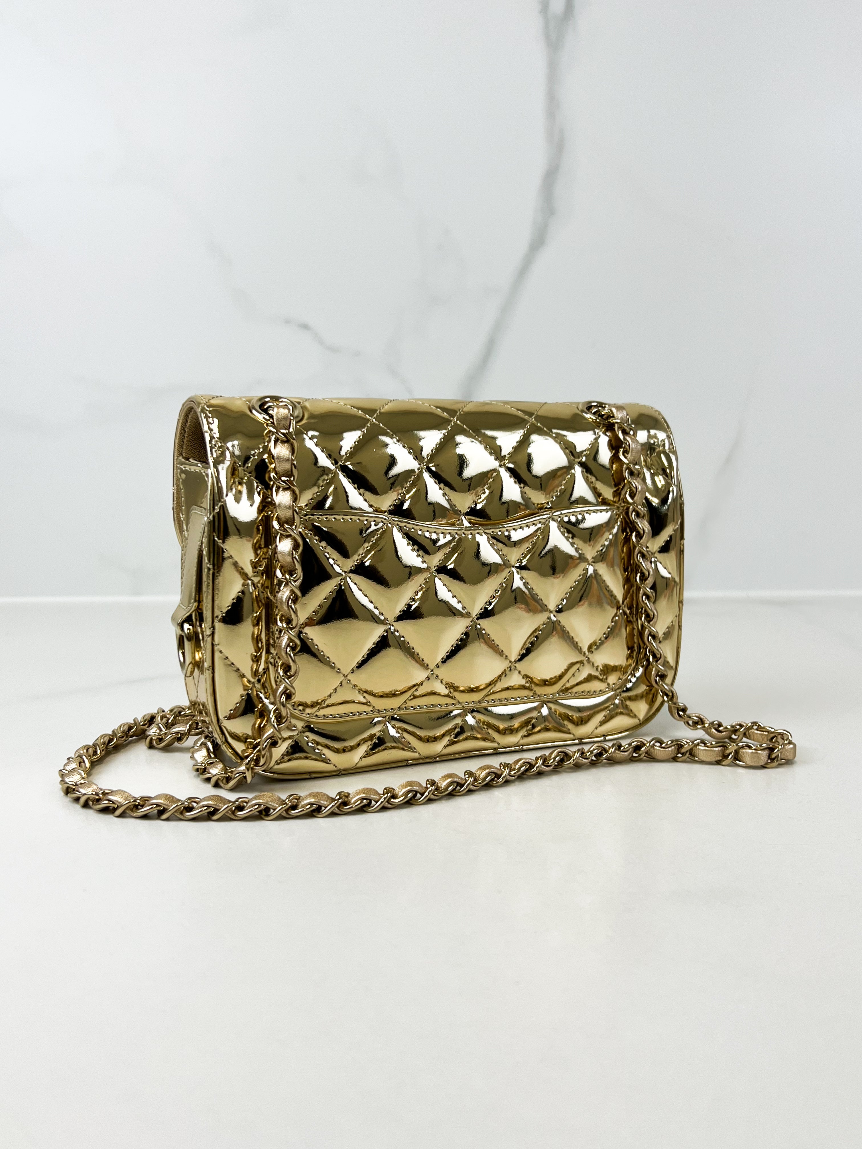Chanel Patent Mini Square in Gold with GHW