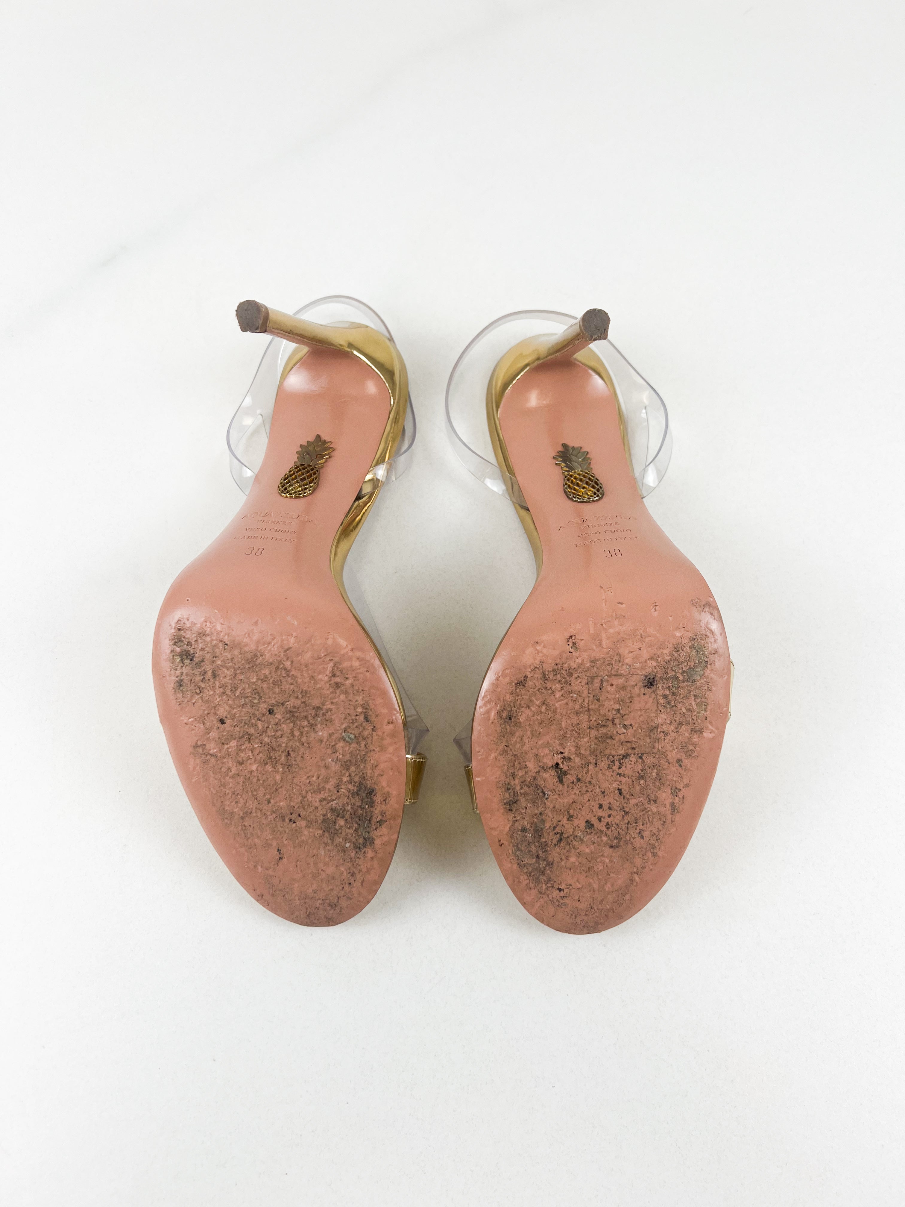 Aquazzura Kiss Sandal 105mm in PVC & Gold Size 38