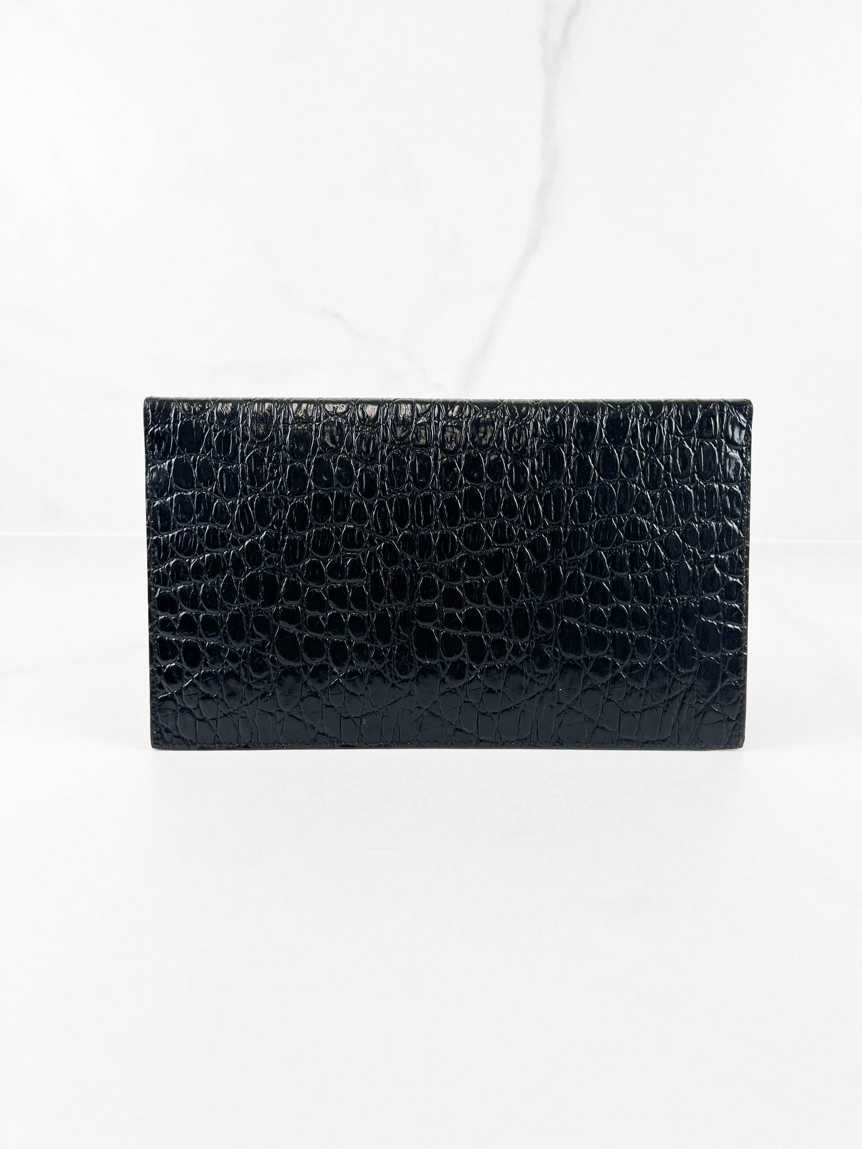 Saint Laurent Black Croc Uptown Envelope Clutch