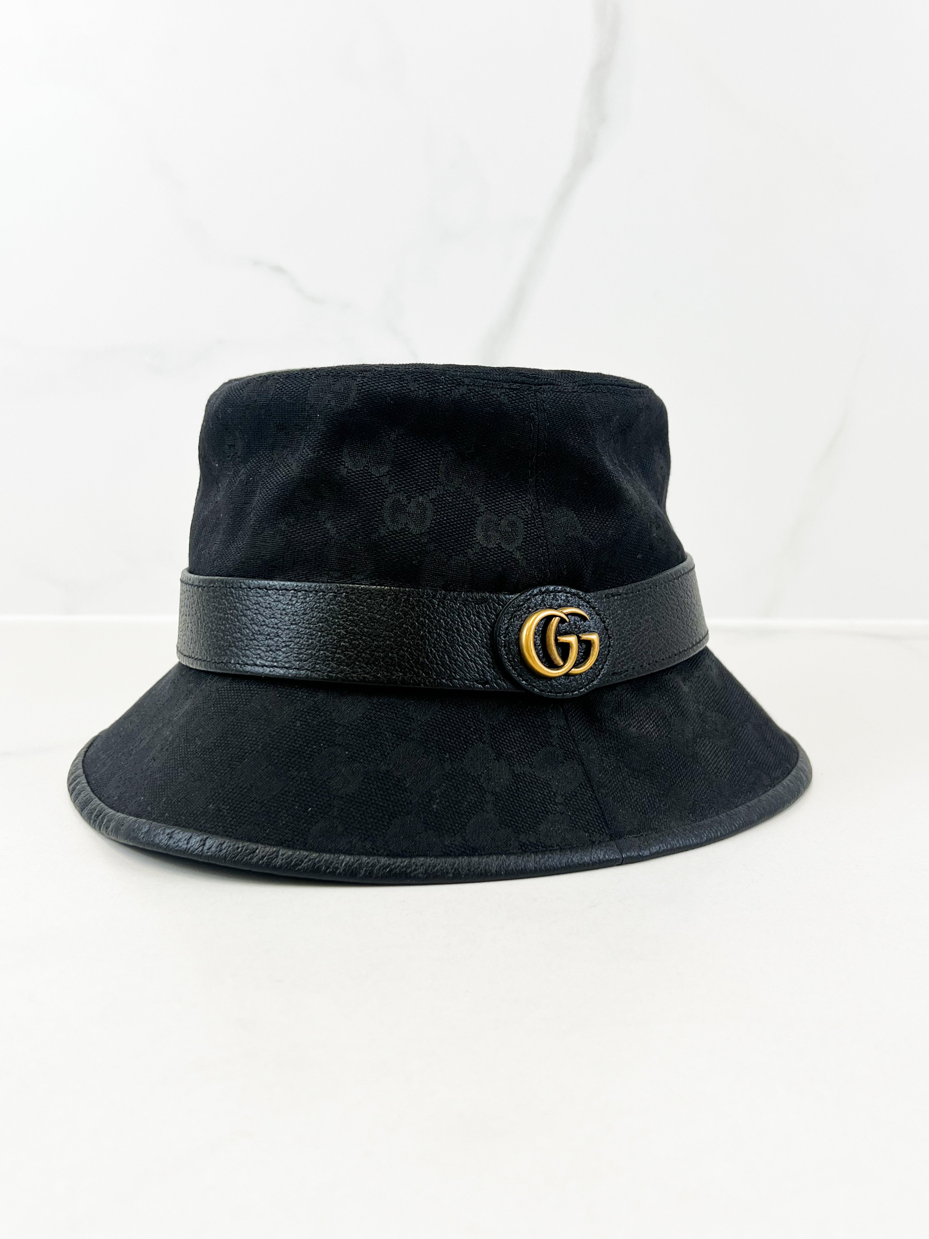 Gucci Leather Trimmed Monogrammed Canvas Bucket Hat