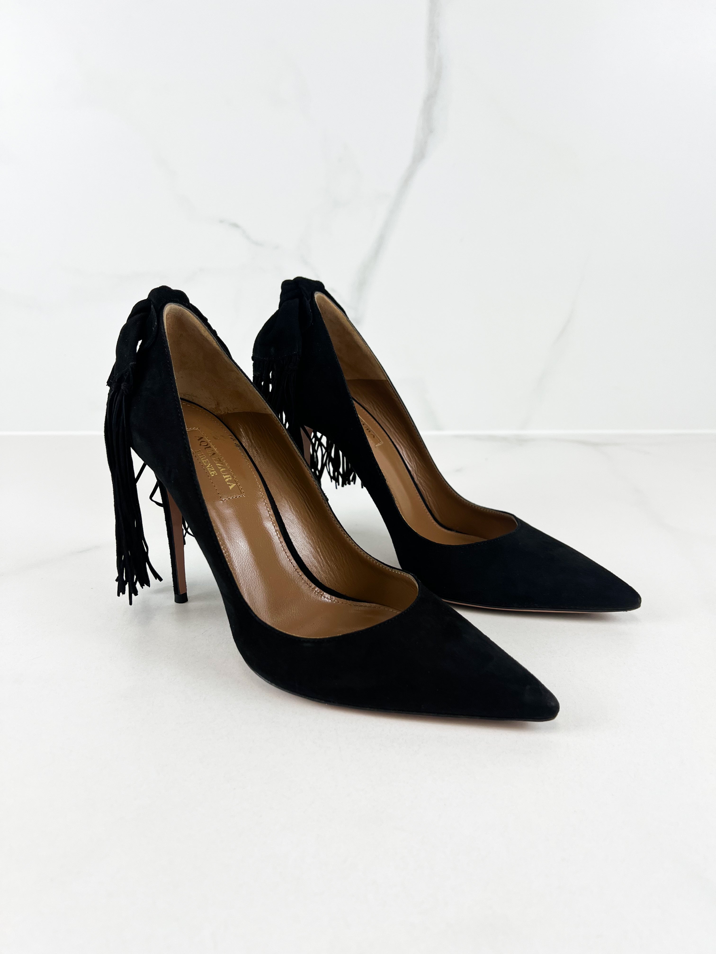 Aquazzura Black Suede Fringe Tie Pumps 105 Size 39