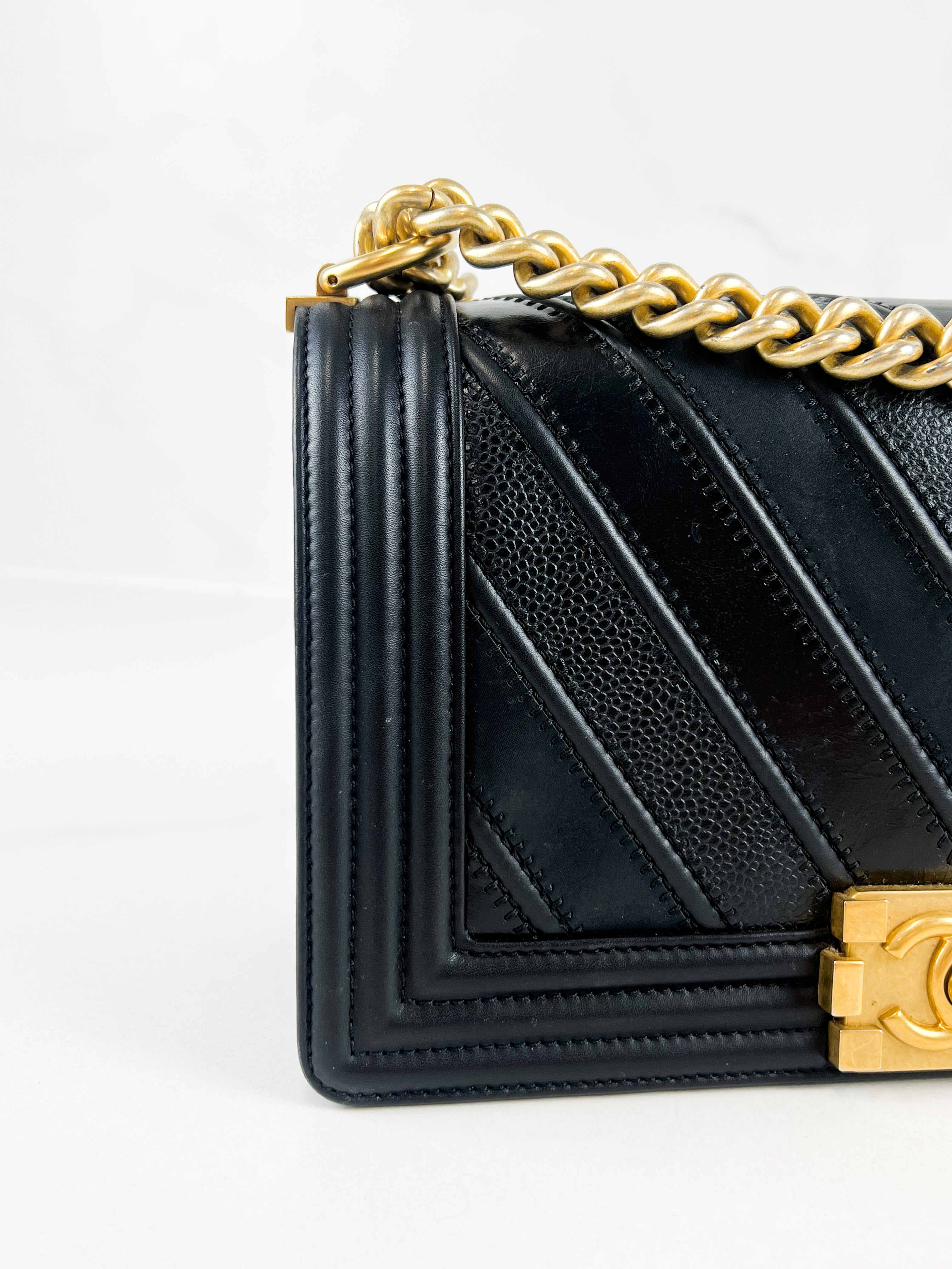 Chanel Old Medium Boy Bag in Black Chevron Calfskin with Vintage GHW