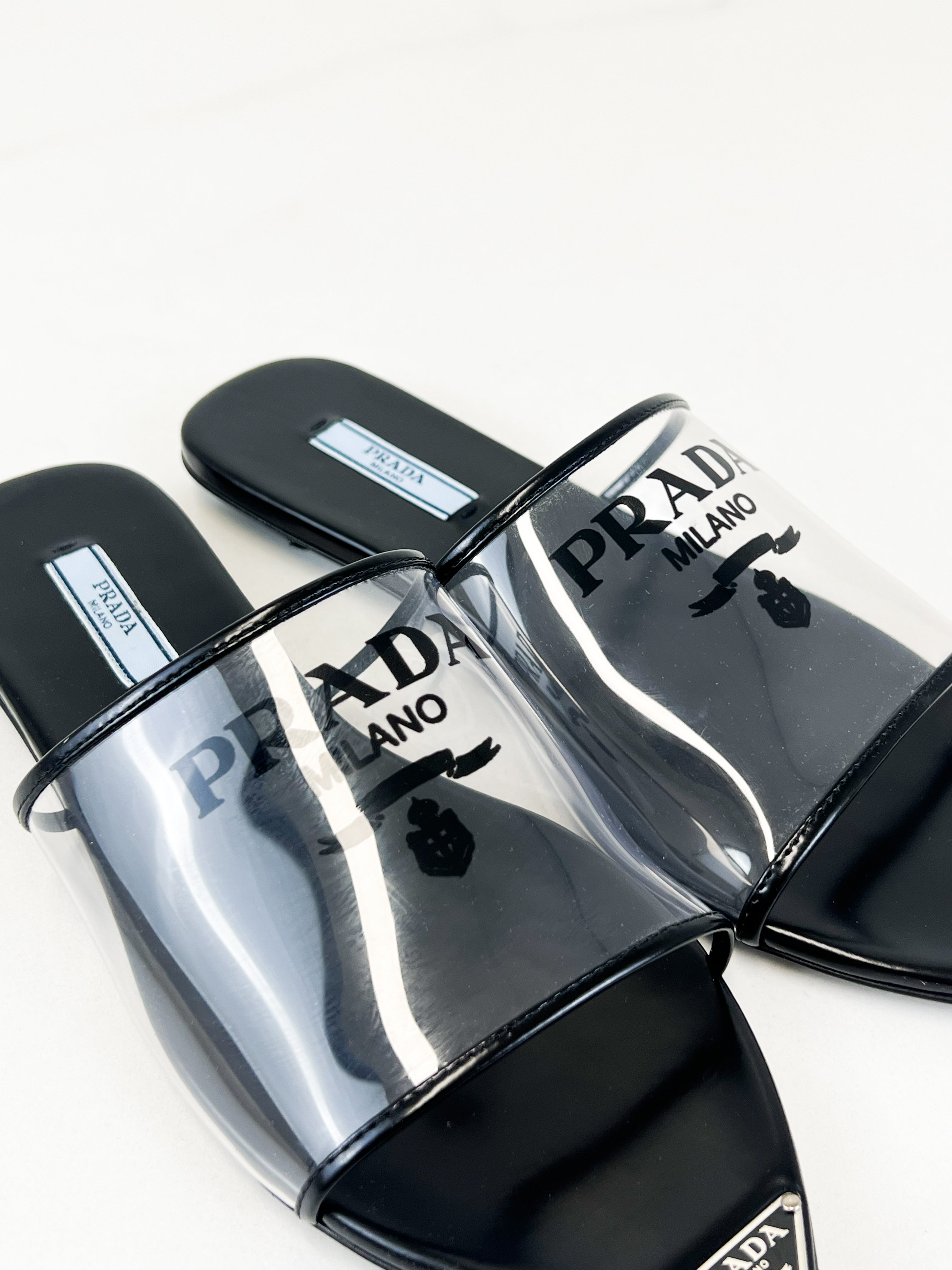 Prada Logo Print Plexiglass Flat Mule Size 37.5
