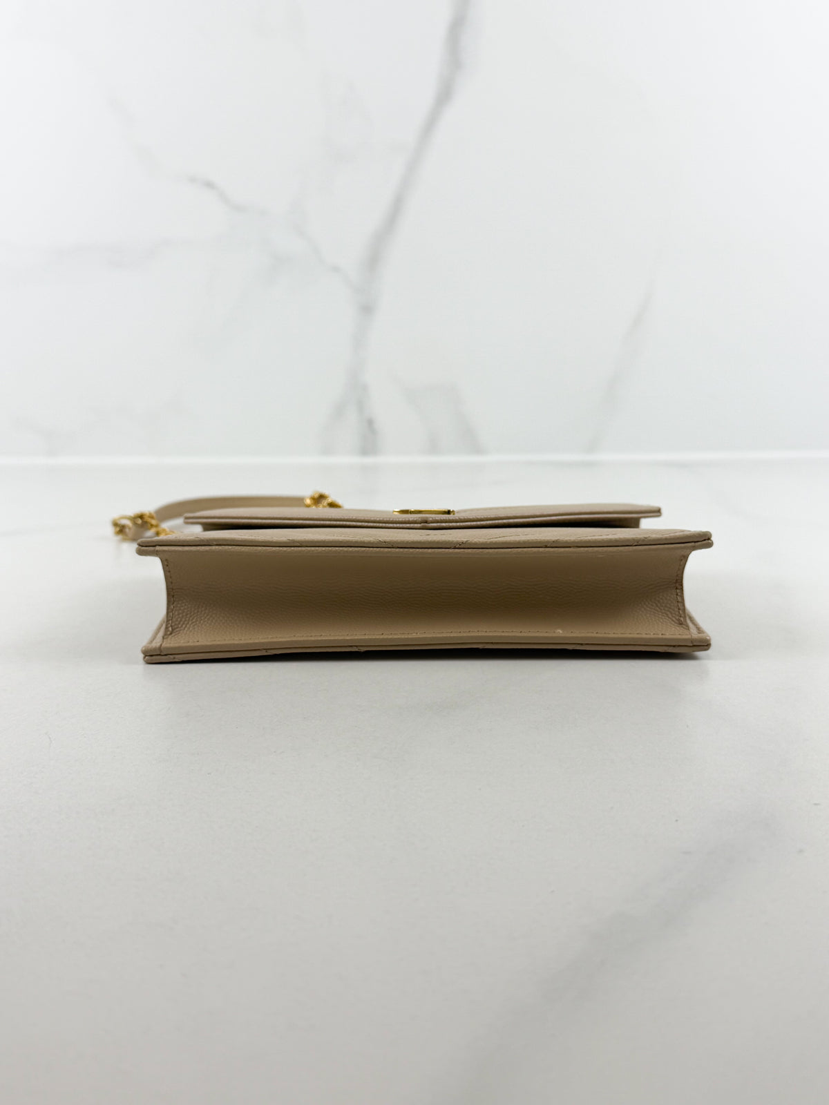 Saint Laurent Dark Beige Cassandre Envelope WOC in Grain De Poudre Leather with GHW
