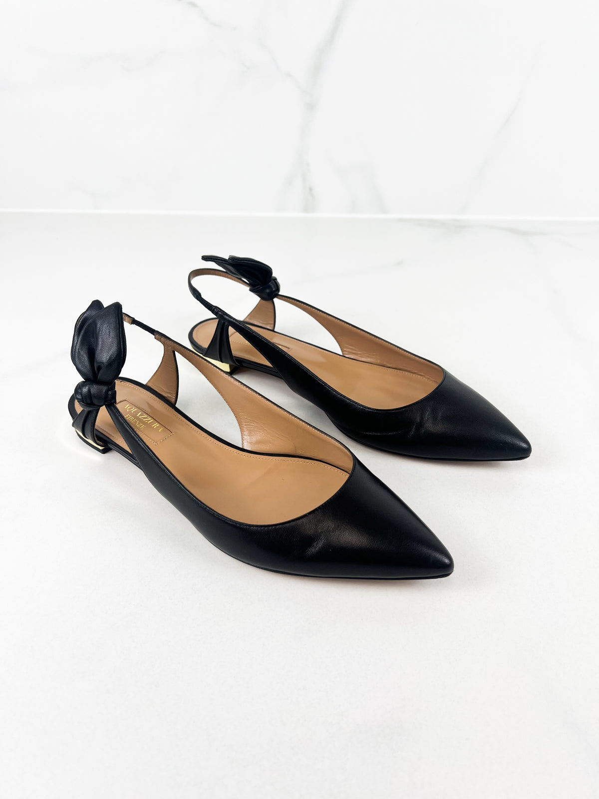 Aquazzura Bow Tie Ballet Flat in Black Leather Size 37