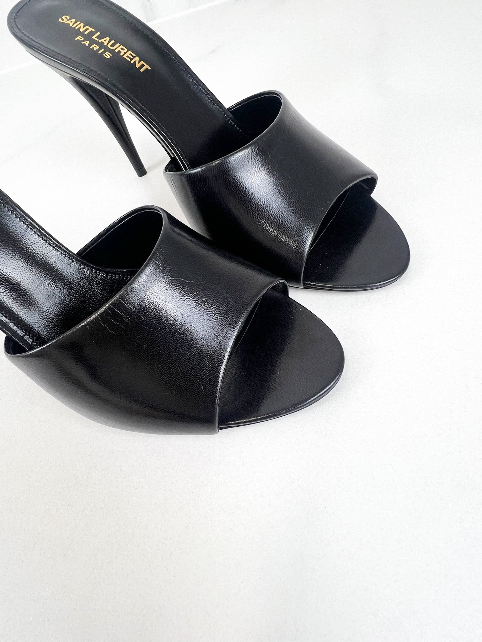 Saint Laurent Black Leather Belfagor Open Toe Slide Sandals Size 38