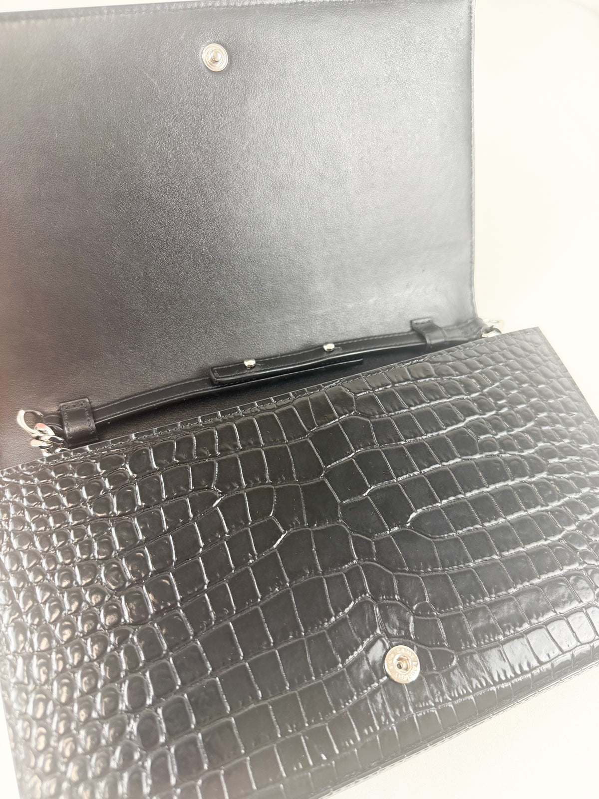 Saint Laurent Black Kate Chain Bag in Embossed Croc Leather