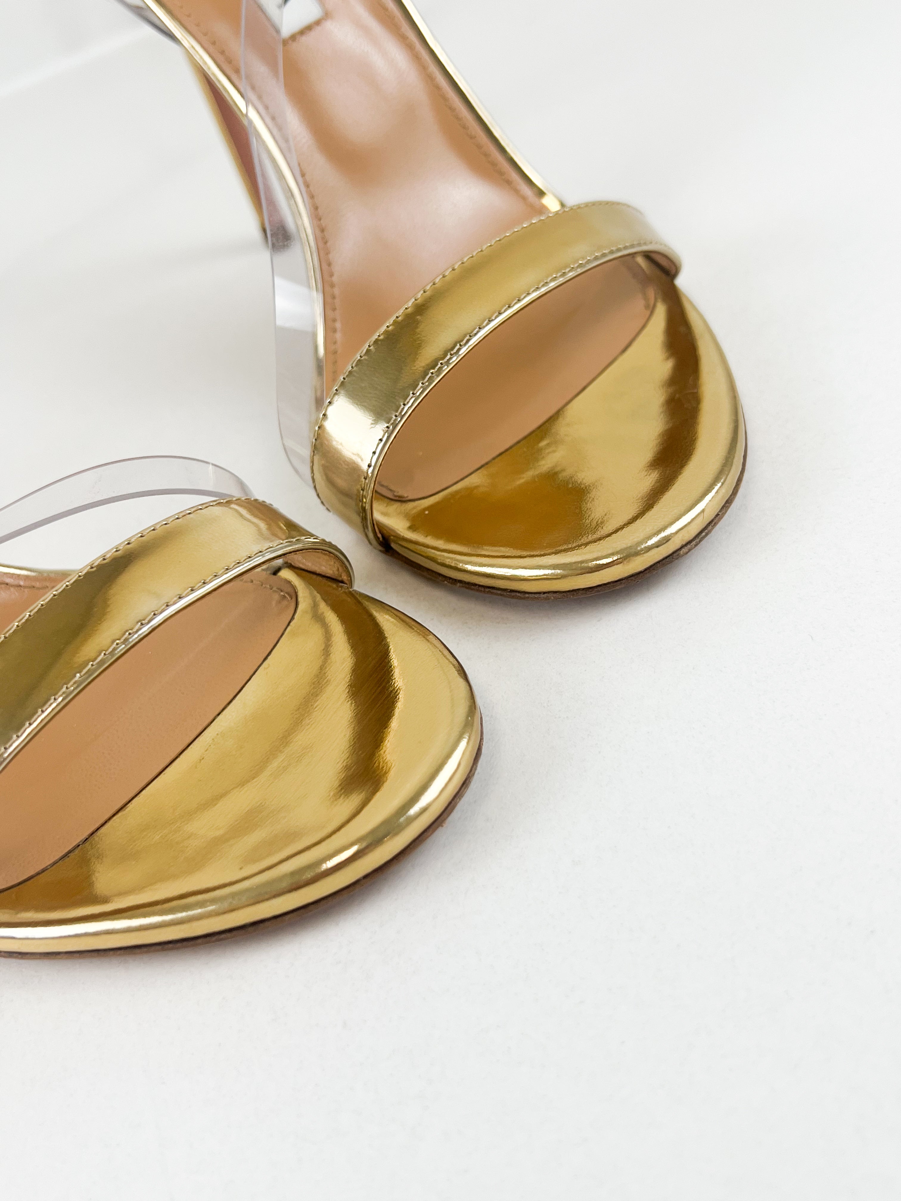 Aquazzura Kiss Sandal 105mm in PVC & Gold Size 38