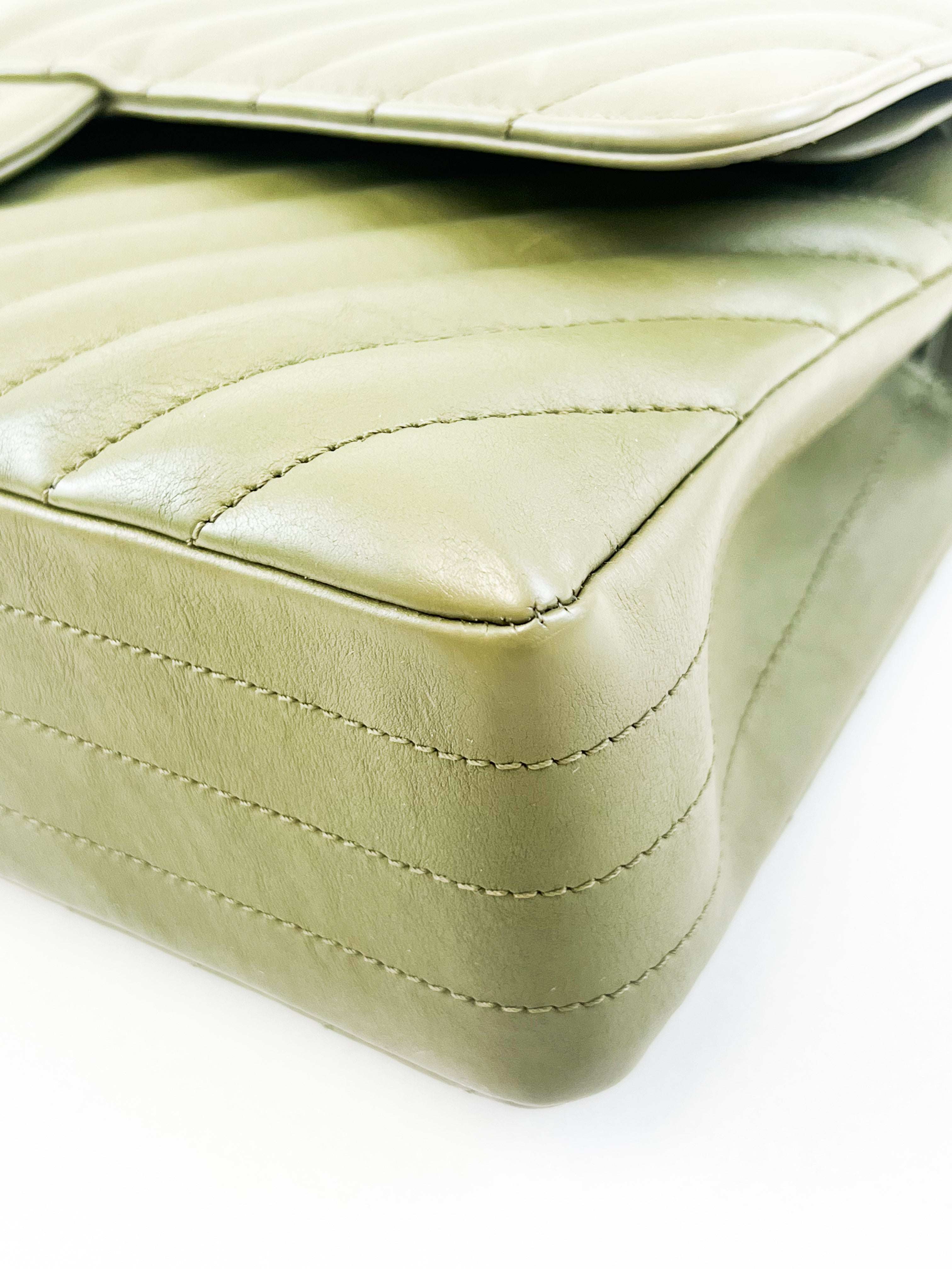 Chanel CC Medium Calfskin Olive Green Classic Double Flap Shoulder Bag GHW